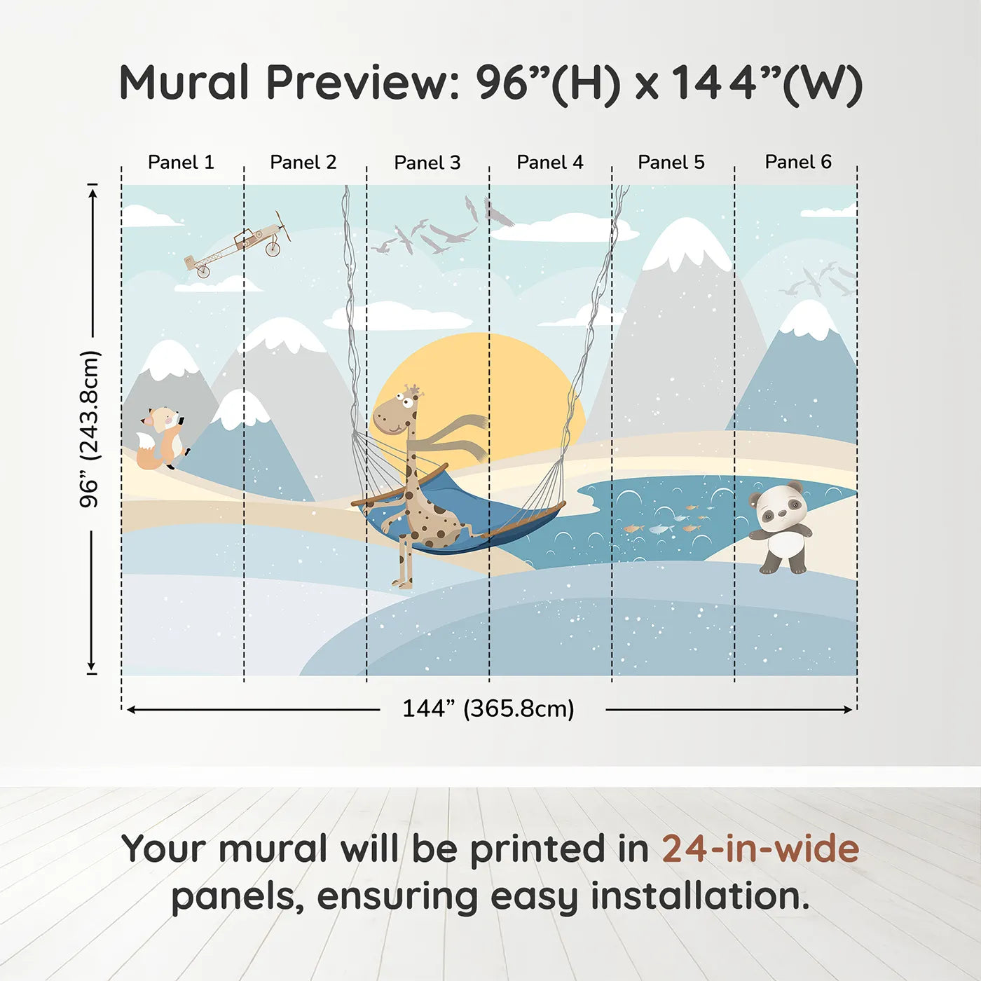 Whimsy Tots Winter Safari Adventure Wall Muraldimension view (96" H x 144" W). Printed in six 24-inch-wide panels. Gender-Neutral