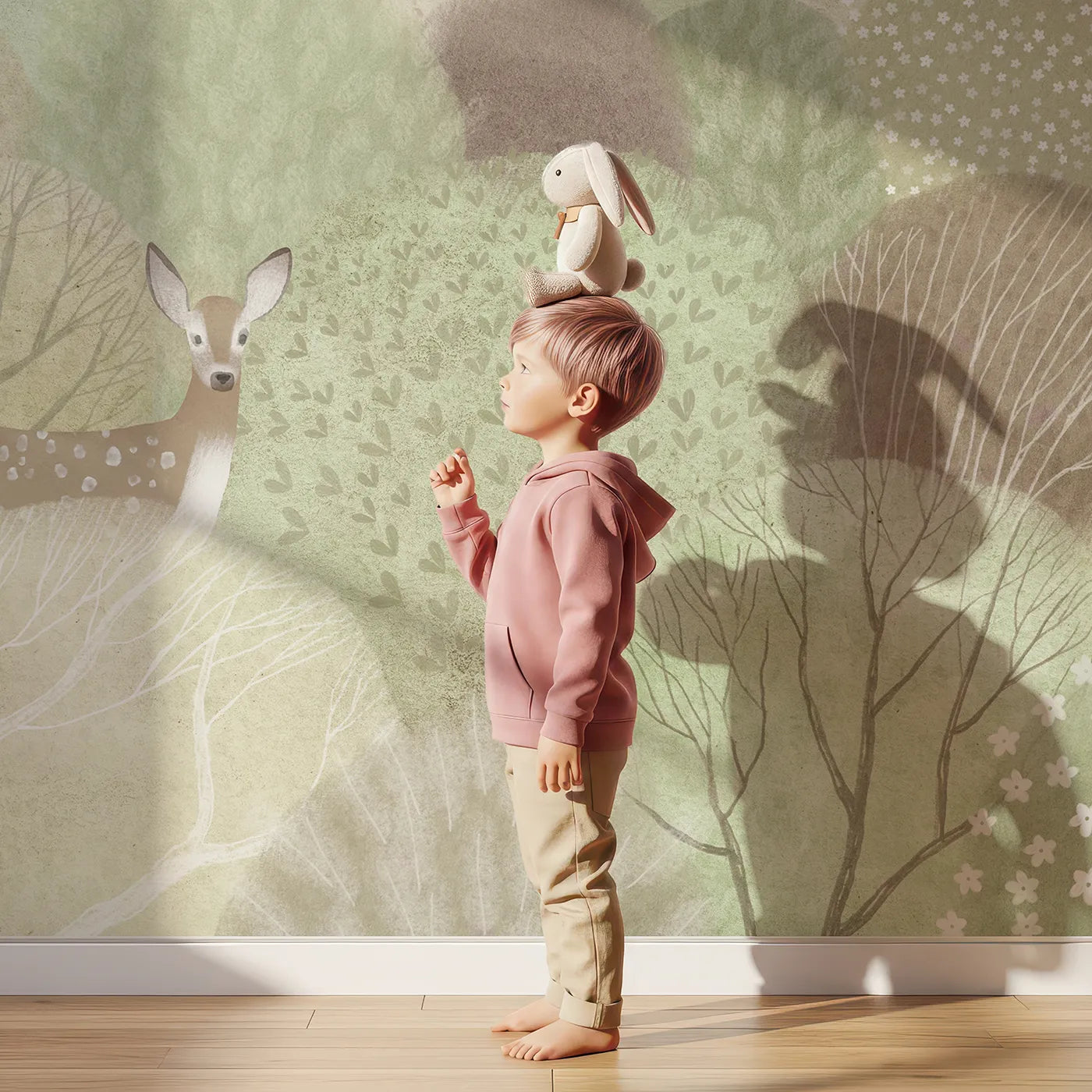 Child in front of Whimsy Tots Hilltop Cottage Wall Mural with house, cottage, forest, hill, minimalist, modern, green, beige in design.