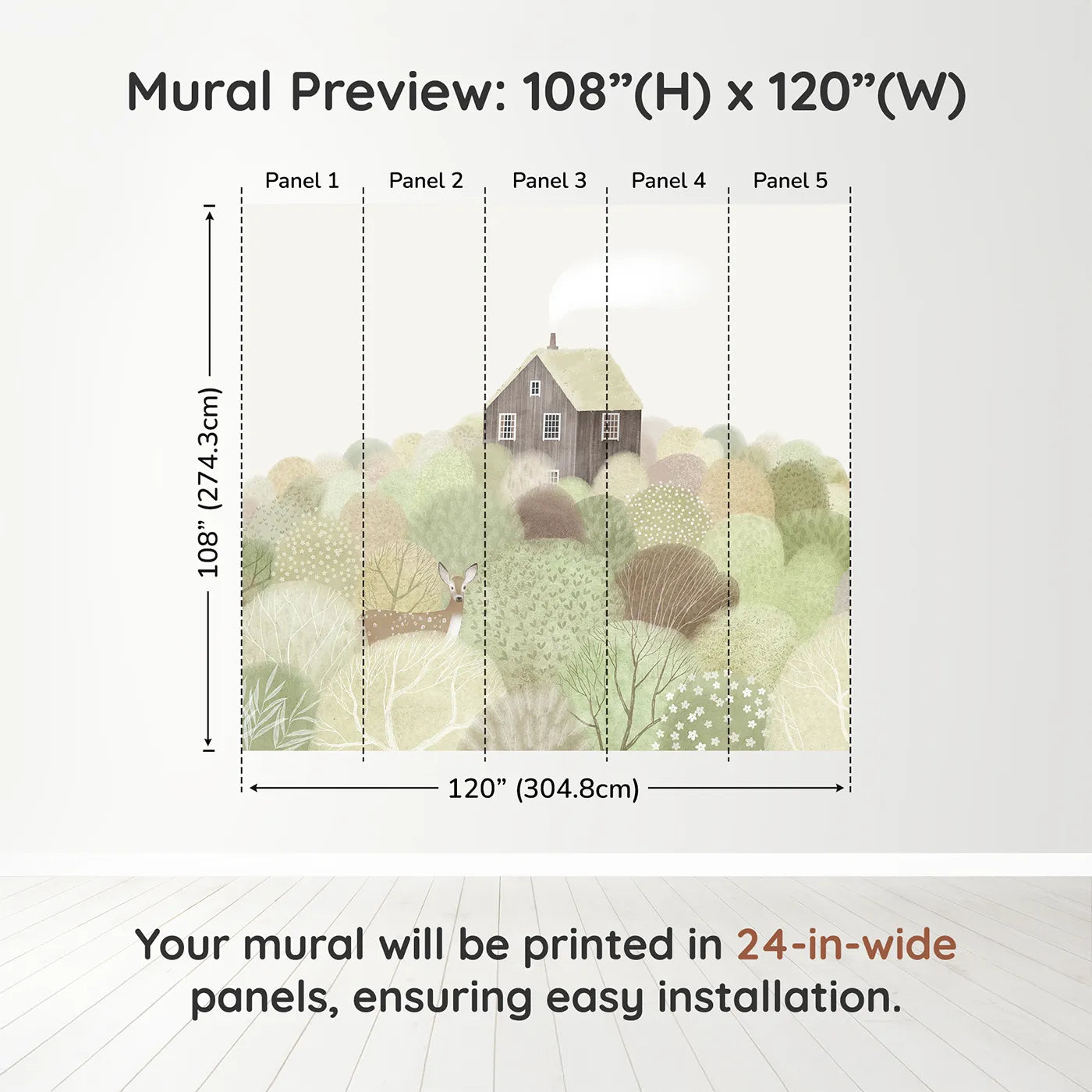 Whimsy Tots Hilltop Cottage Wall Muraldimension view (108" H x 120" W). Printed in five 24-inch-wide panels. Gender-Neutral