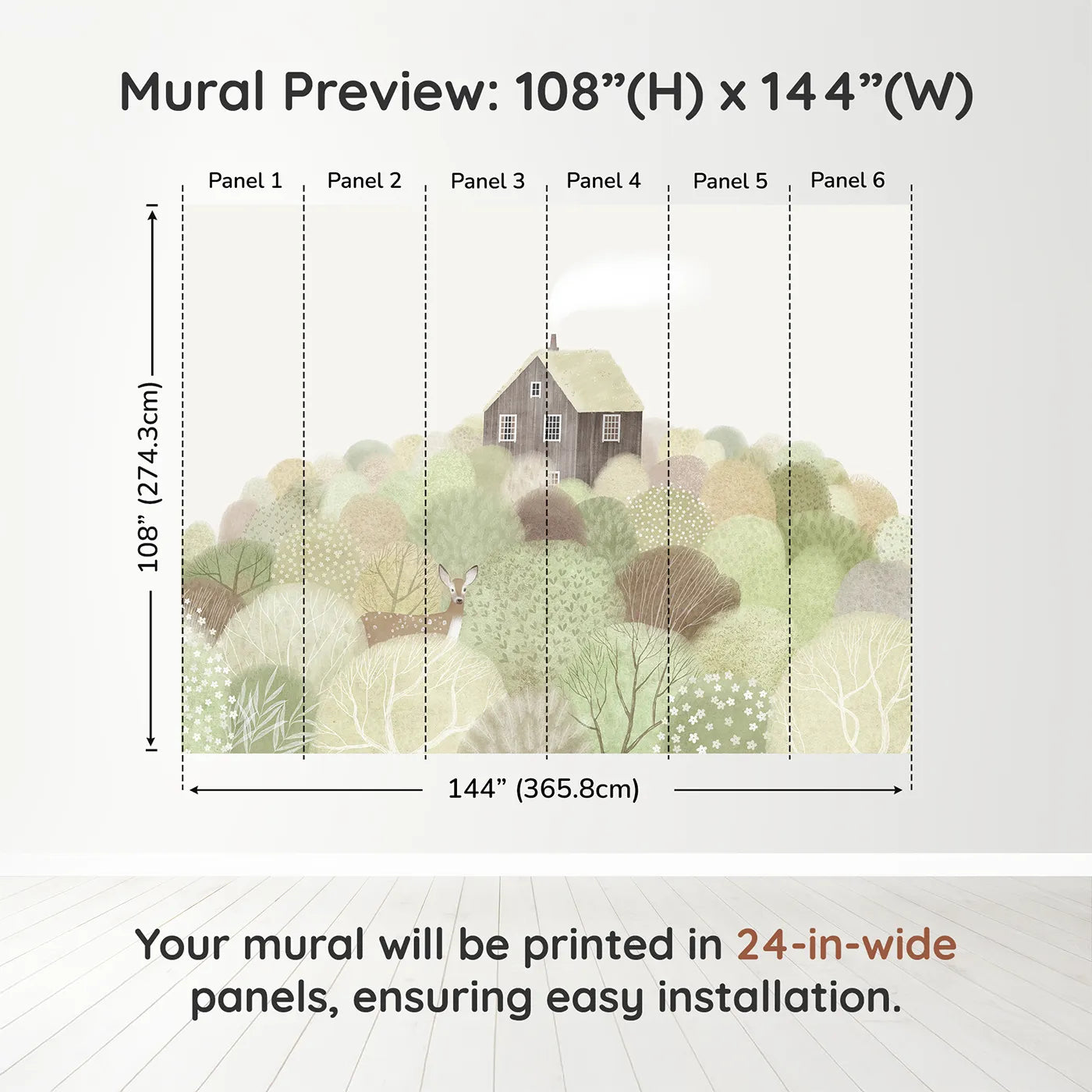 Whimsy Tots Hilltop Cottage Wall Muraldimension view (108" H x 144" W). Printed in six 24-inch-wide panels. Gender-Neutral