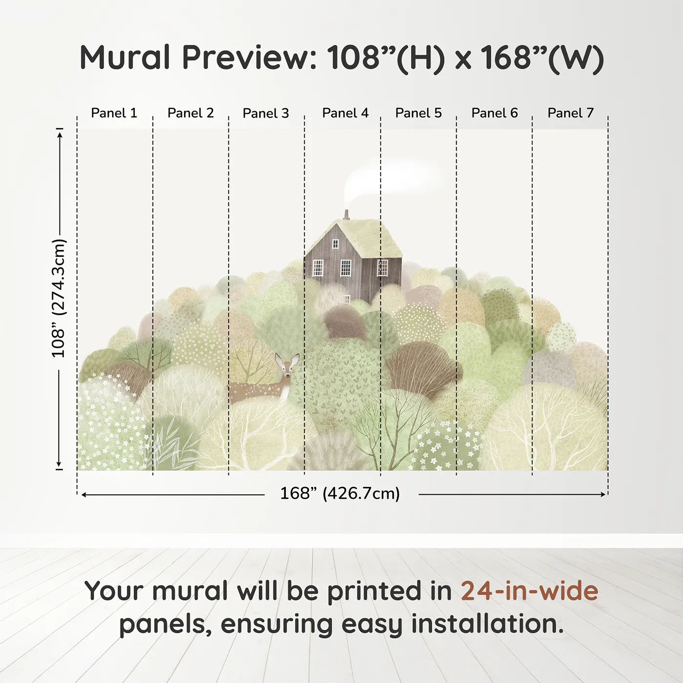 Whimsy Tots Hilltop Cottage Wall Muraldimension view (108" H x 168" W). Printed in seven 24-inch-wide panels. Gender-Neutral