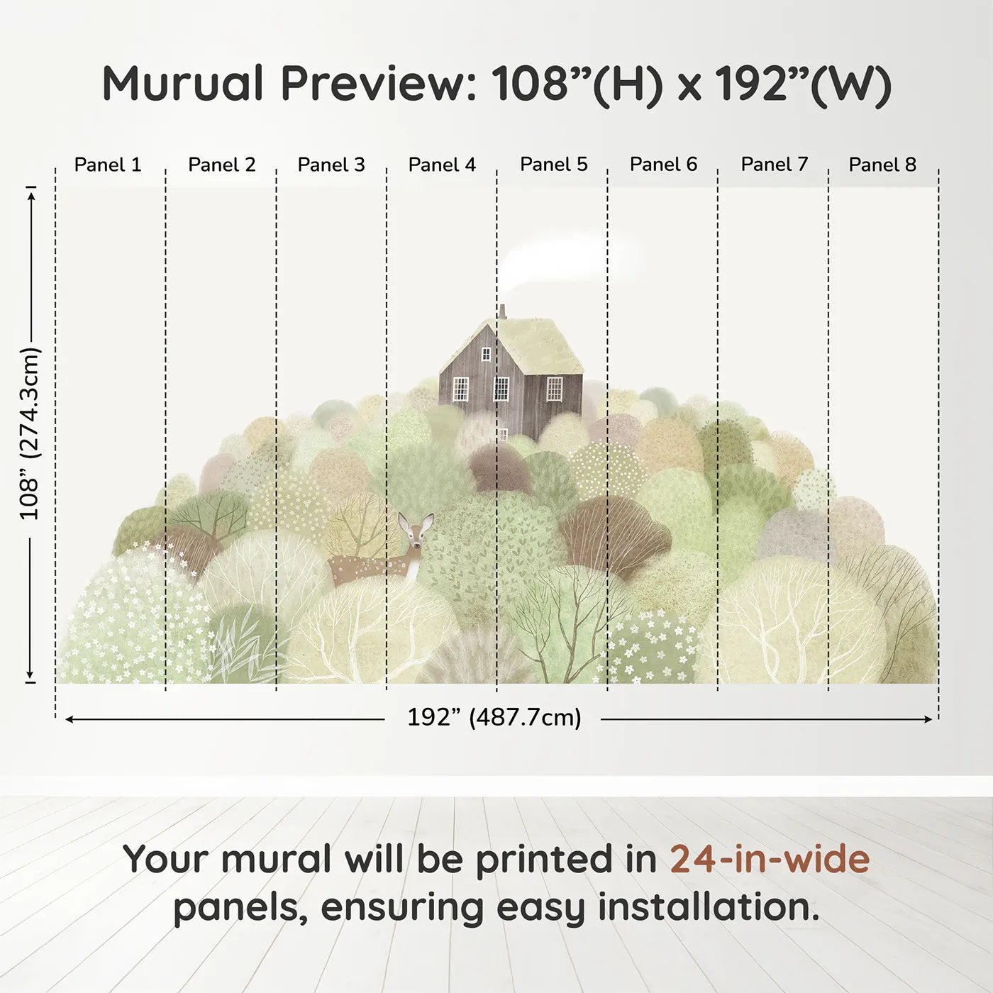 Whimsy Tots Hilltop Cottage Wall Muraldimension view (108" H x 192" W). Printed in eight 24-inch-wide panels. Gender-Neutral