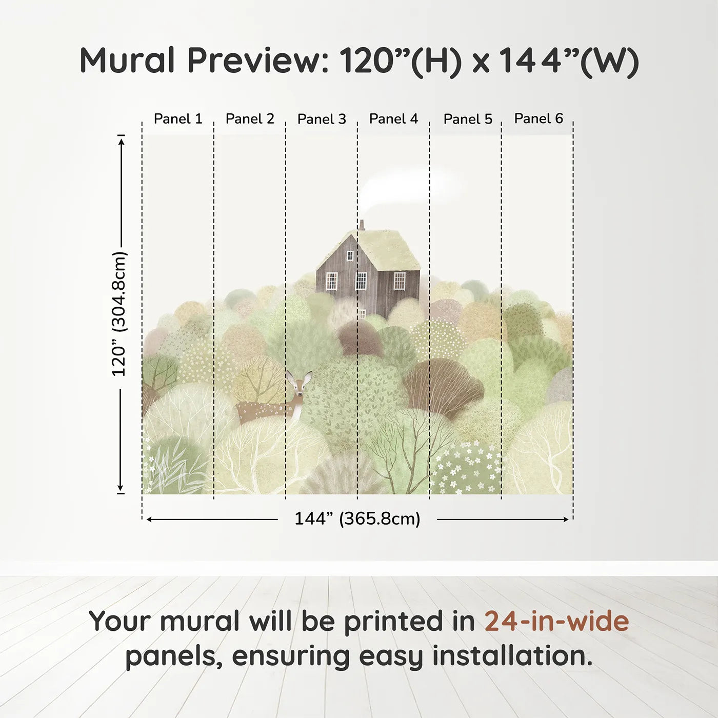 Whimsy Tots Hilltop Cottage Wall Muraldimension view (120" H x 144" W). Printed in six 24-inch-wide panels. Gender-Neutral