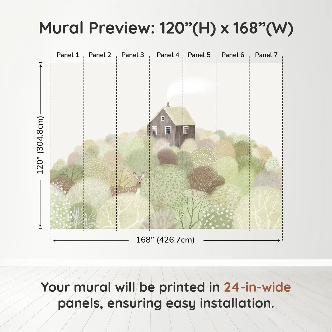 Whimsy Tots Hilltop Cottage Wall Muraldimension view (120" H x 168" W). Printed in seven 24-inch-wide panels. Gender-Neutral