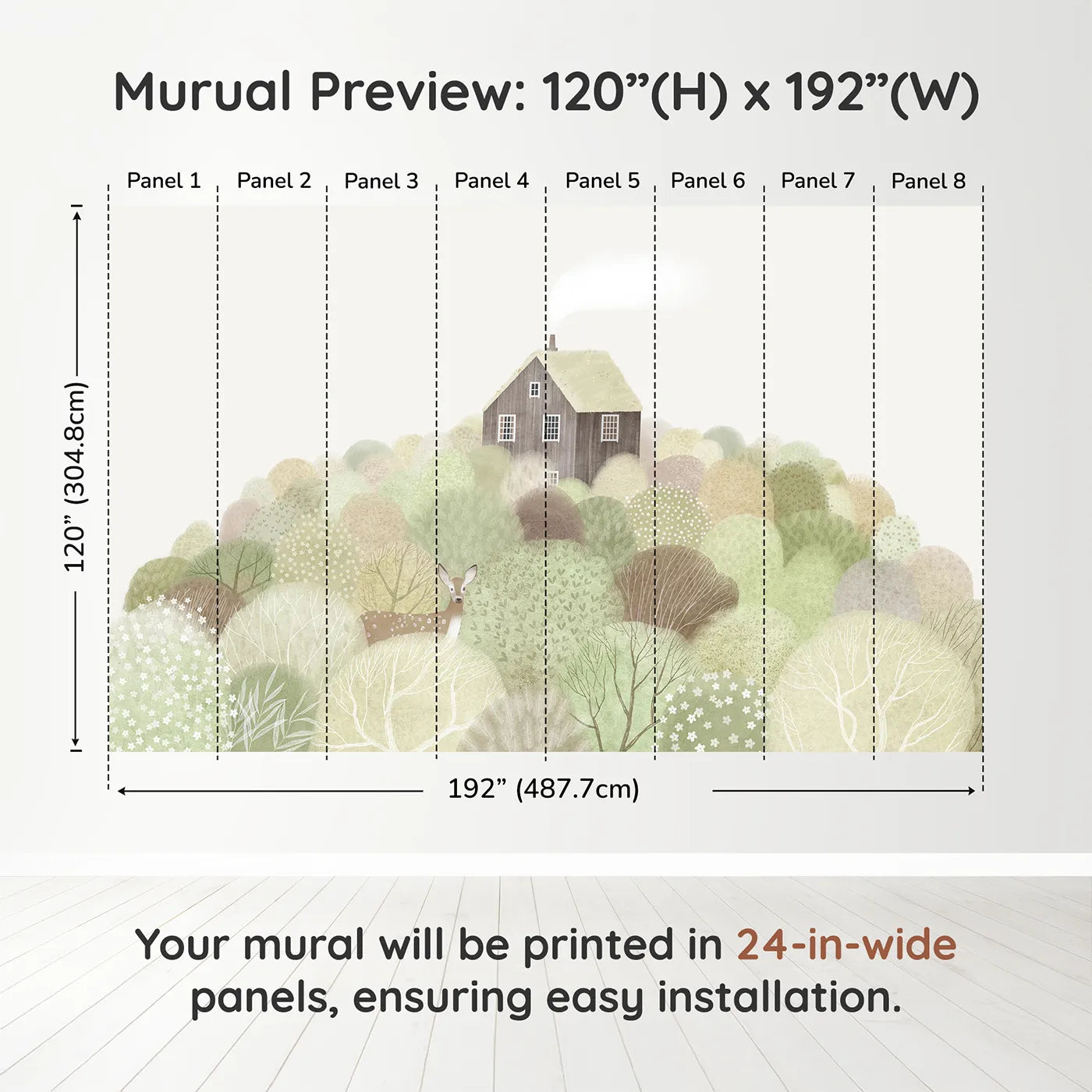 Whimsy Tots Hilltop Cottage Wall Muraldimension view (120" H x 192" W). Printed in eight 24-inch-wide panels. Gender-Neutral