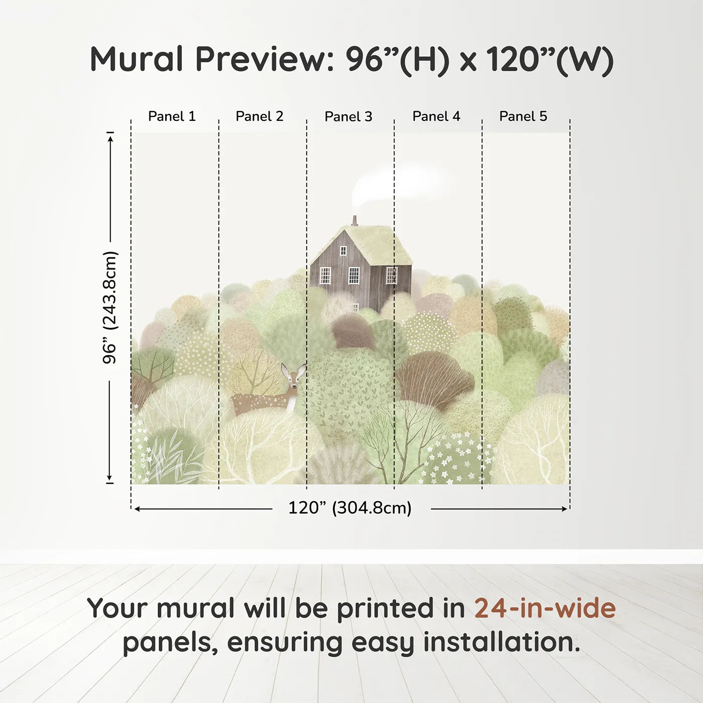 Whimsy Tots Hilltop Cottage Wall Muraldimension view (96" H x 120" W). Printed in five 24-inch-wide panels. Gender-Neutral