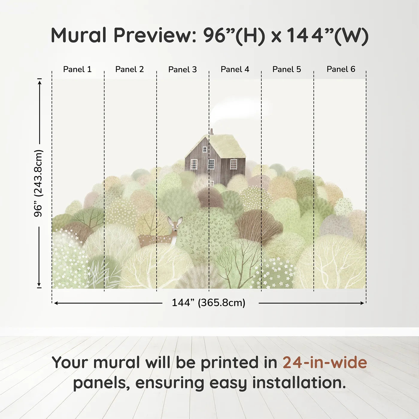 Whimsy Tots Hilltop Cottage Wall Muraldimension view (96" H x 144" W). Printed in six 24-inch-wide panels. Gender-Neutral