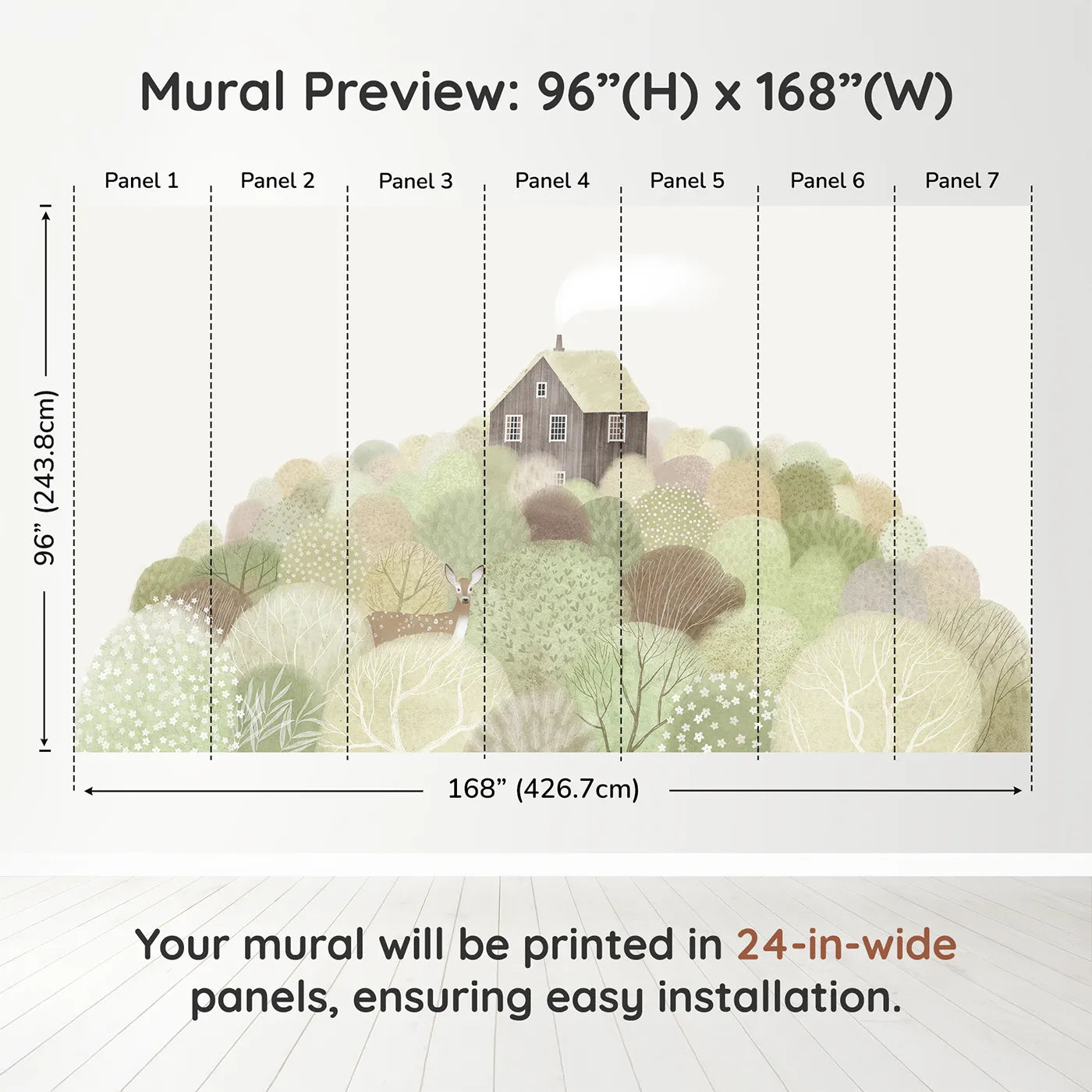 Whimsy Tots Hilltop Cottage Wall Muraldimension view (96" H x 168" W). Printed in seven 24-inch-wide panels. Gender-Neutral