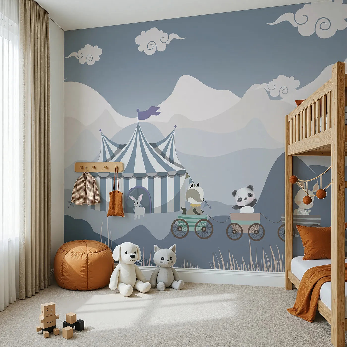 Angled view of Whimsy Tots' Circus Train Wall Mural (Turn Their Room into a Whimsical, Mountain Adventure).Gender-Neutral