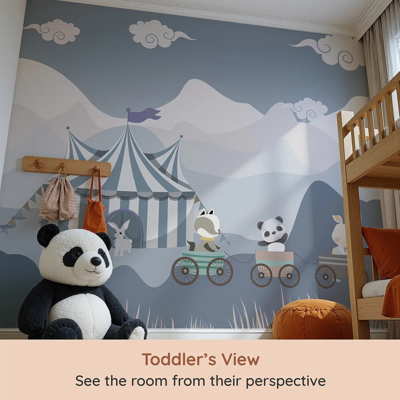Whimsy Tots Circus Train Wall Mural (Turn Their Room into a Whimsical, Mountain Adventure) from your child's view.Gender-Neutral