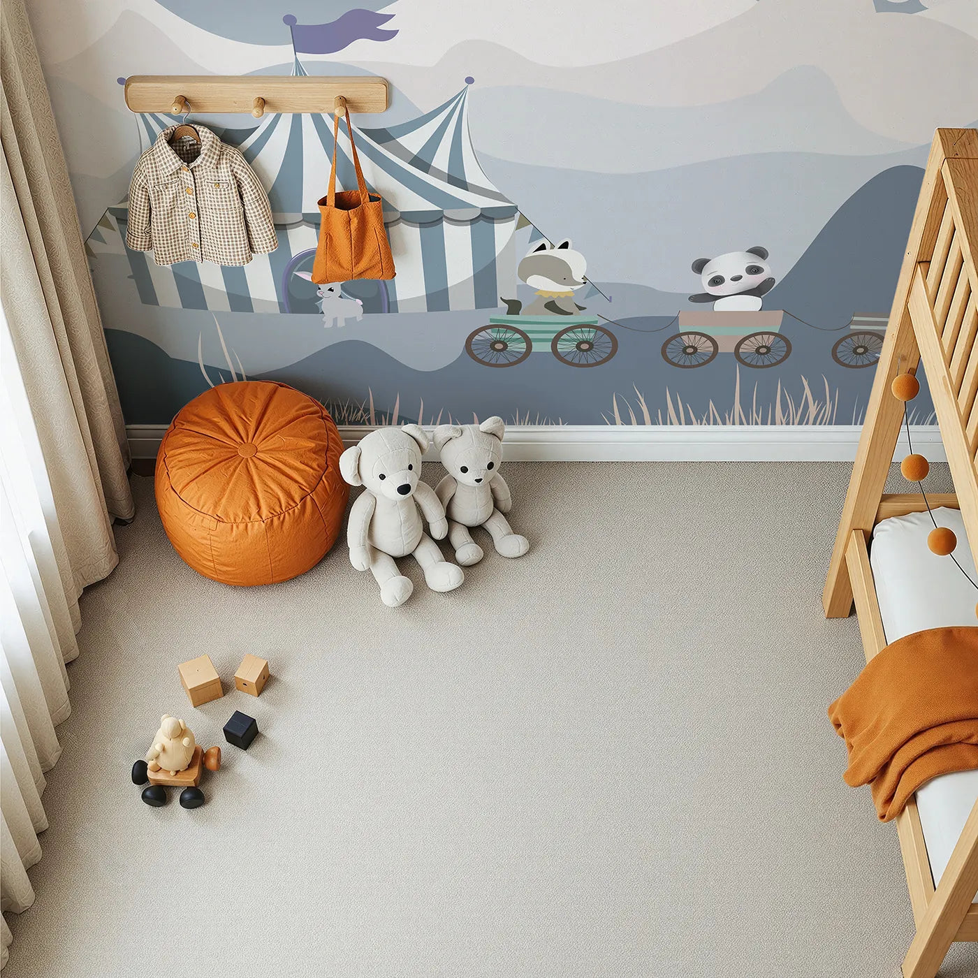 Top-down view of Whimsy Tots' Circus Train Wall Mural (Turn Their Room into a Whimsical, Mountain Adventure).Gender-Neutral