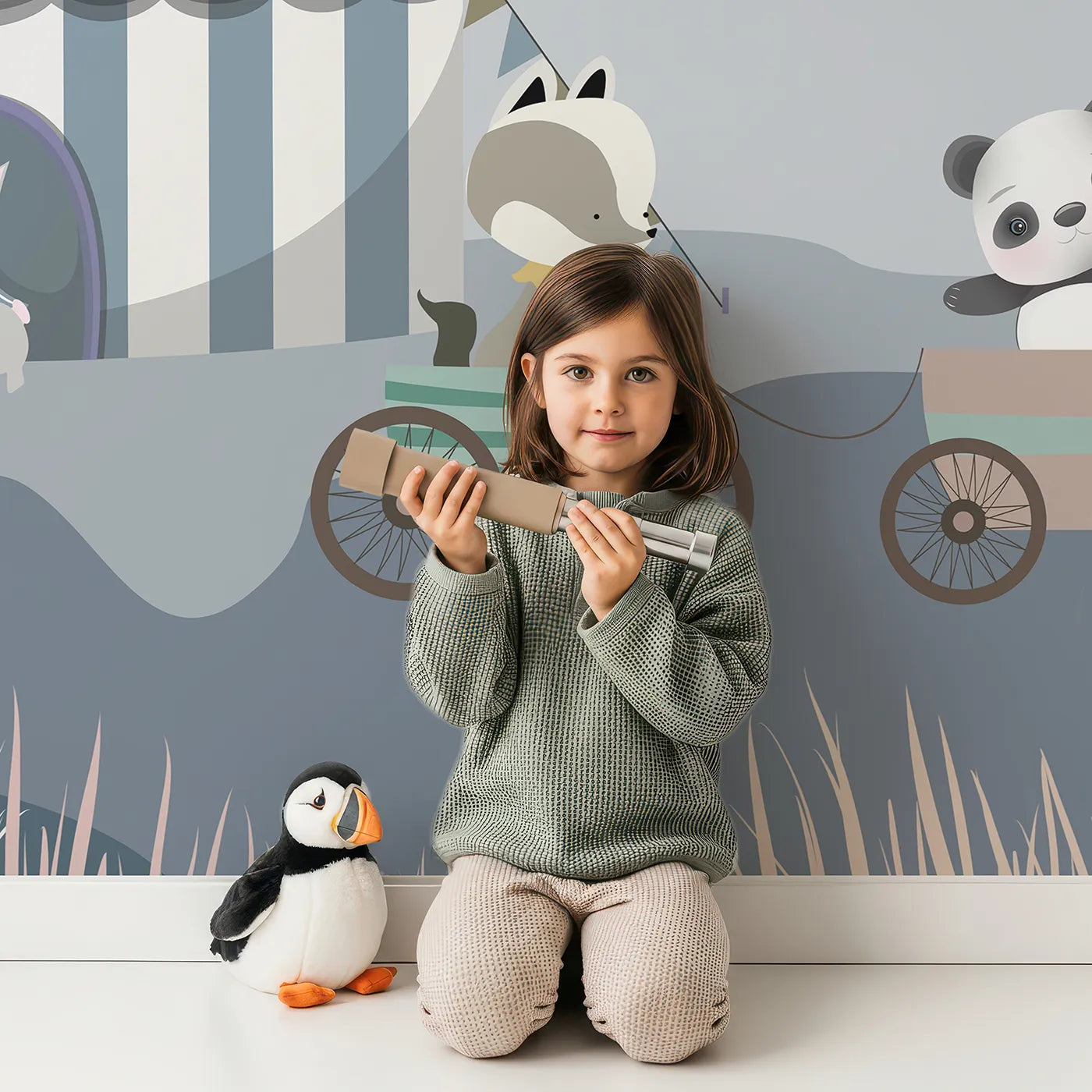 Child in front of Whimsy Tots Circus Train Wall Mural with circus, train, animal, cute, mountain, blue, gray, whimsical in design.