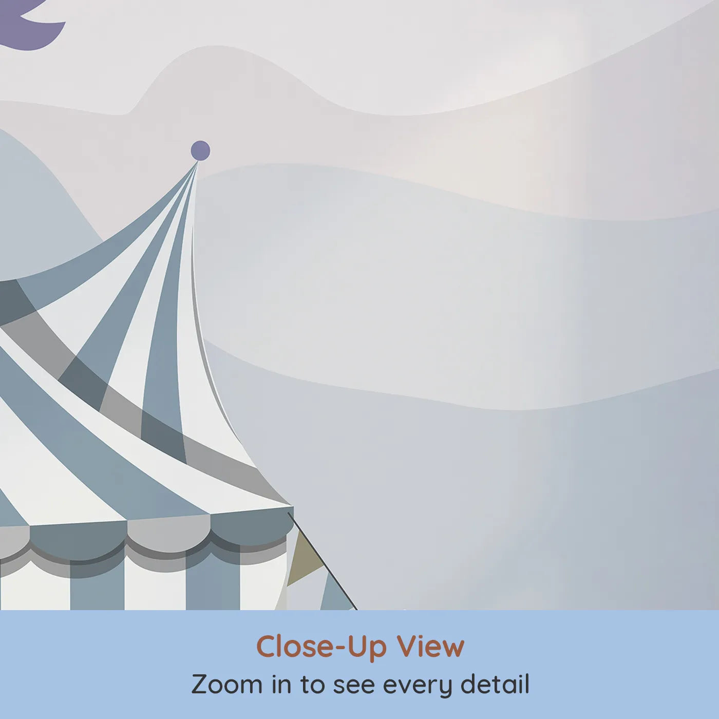 Close-up view of Whimsy Tots' Circus Train Wall Mural (Turn Their Room into a Whimsical, Mountain Adventure).Gender-Neutral