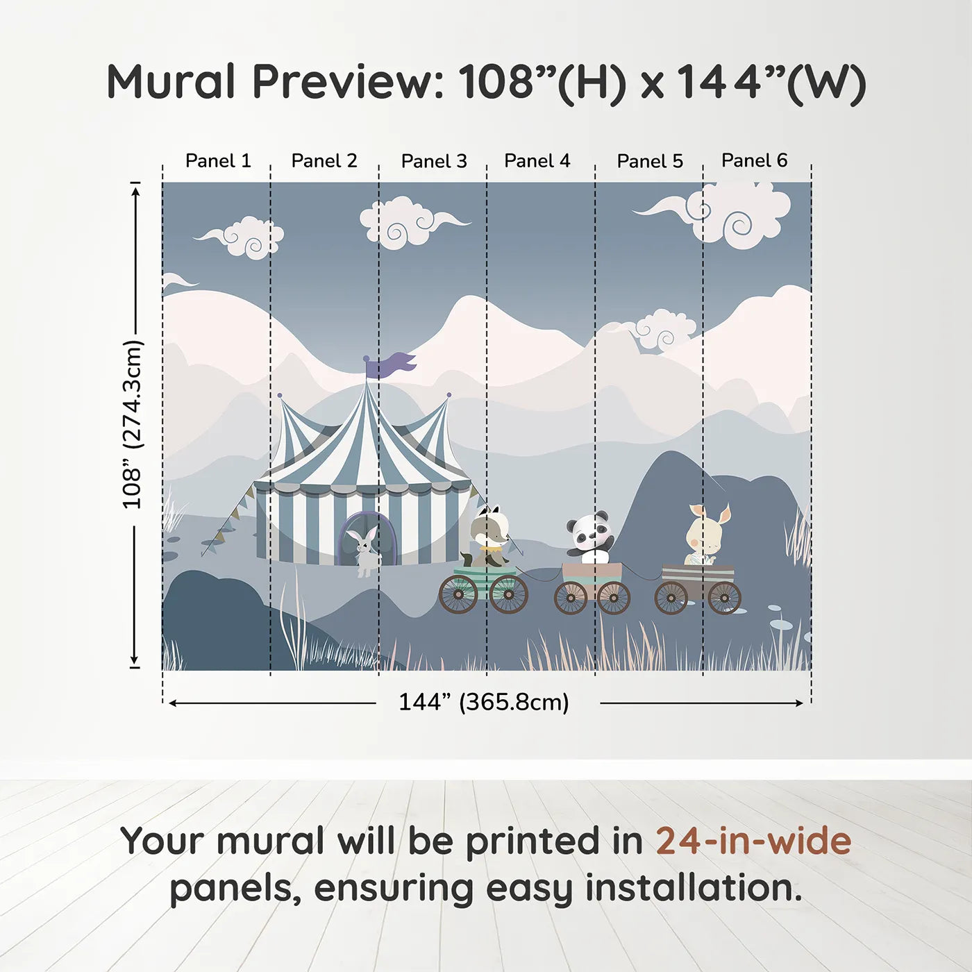 Whimsy Tots Circus Train Wall Muraldimension view (108" H x 144" W). Printed in six 24-inch-wide panels. Gender-Neutral