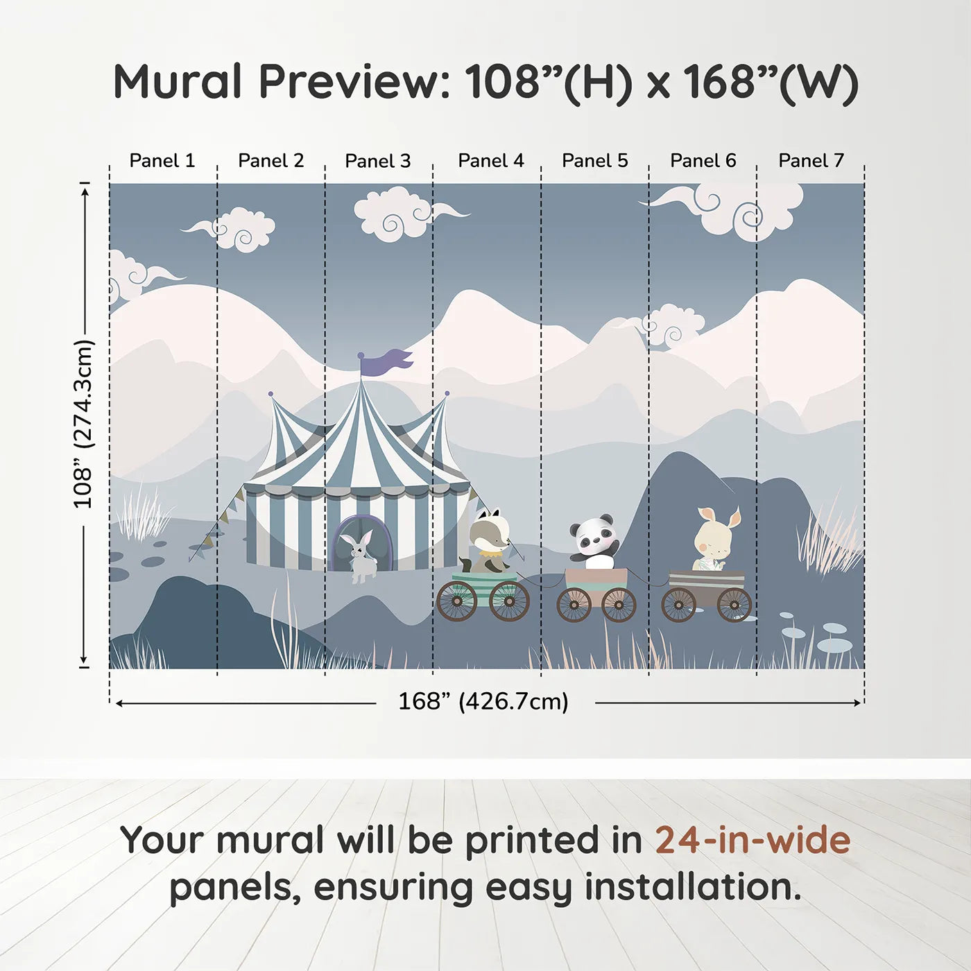 Whimsy Tots Circus Train Wall Muraldimension view (108" H x 168" W). Printed in seven 24-inch-wide panels. Gender-Neutral