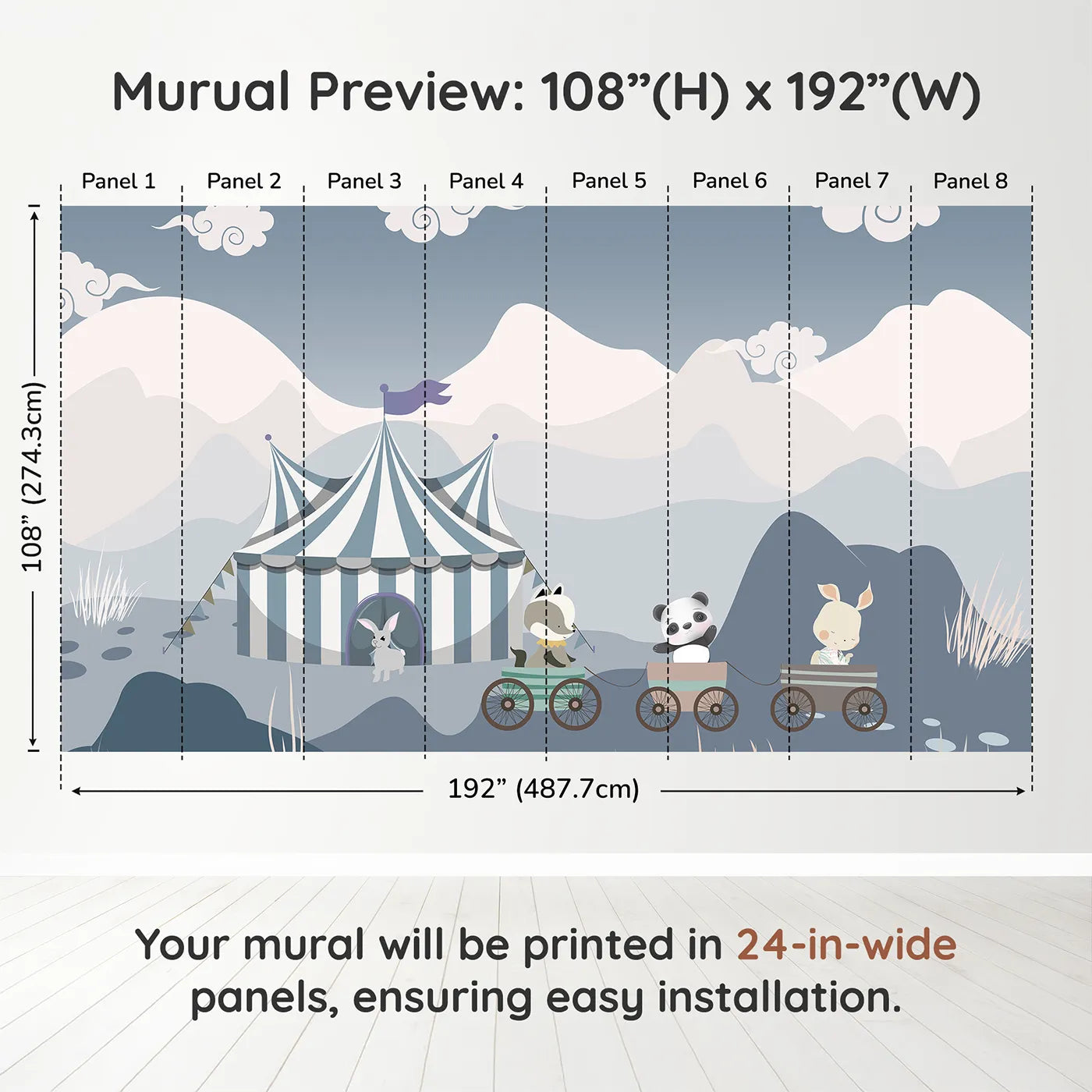 Whimsy Tots Circus Train Wall Muraldimension view (108" H x 192" W). Printed in eight 24-inch-wide panels. Gender-Neutral