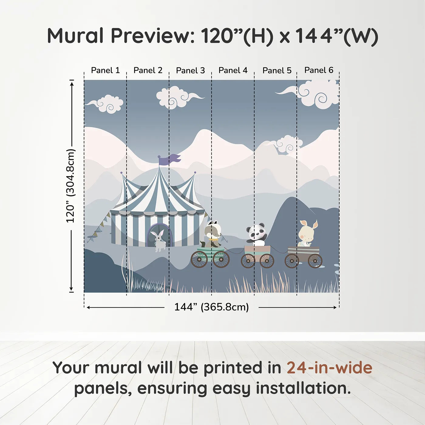 Whimsy Tots Circus Train Wall Muraldimension view (120" H x 144" W). Printed in six 24-inch-wide panels. Gender-Neutral