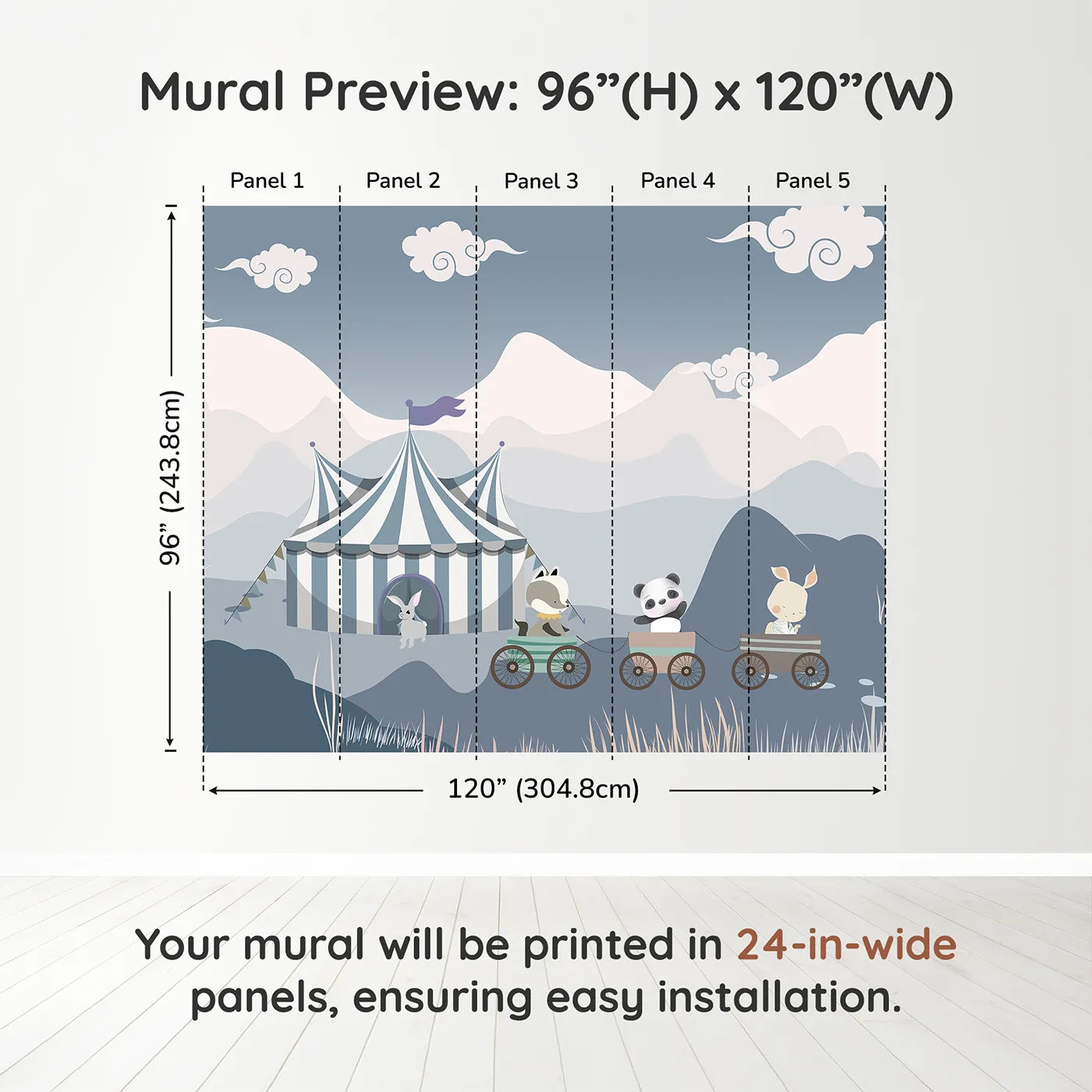 Whimsy Tots Circus Train Wall Muraldimension view (96" H x 120" W). Printed in five 24-inch-wide panels. Gender-Neutral