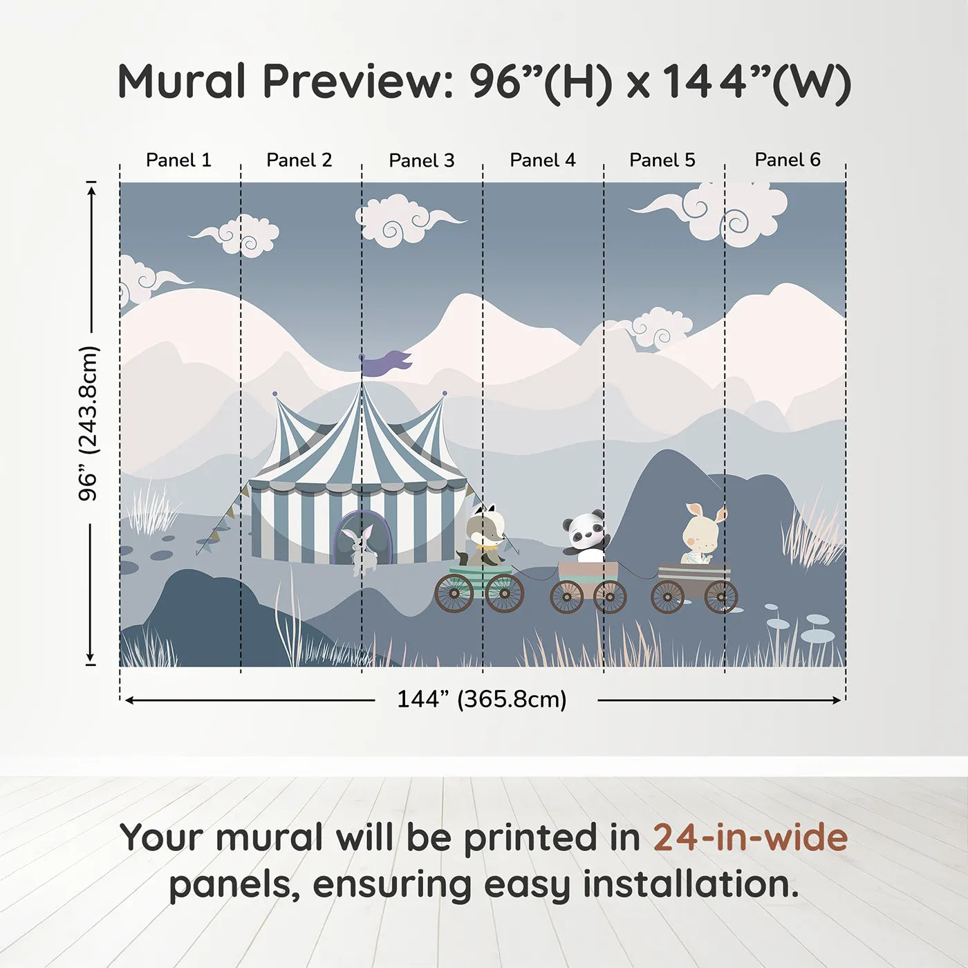 Whimsy Tots Circus Train Wall Muraldimension view (96" H x 144" W). Printed in six 24-inch-wide panels. Gender-Neutral