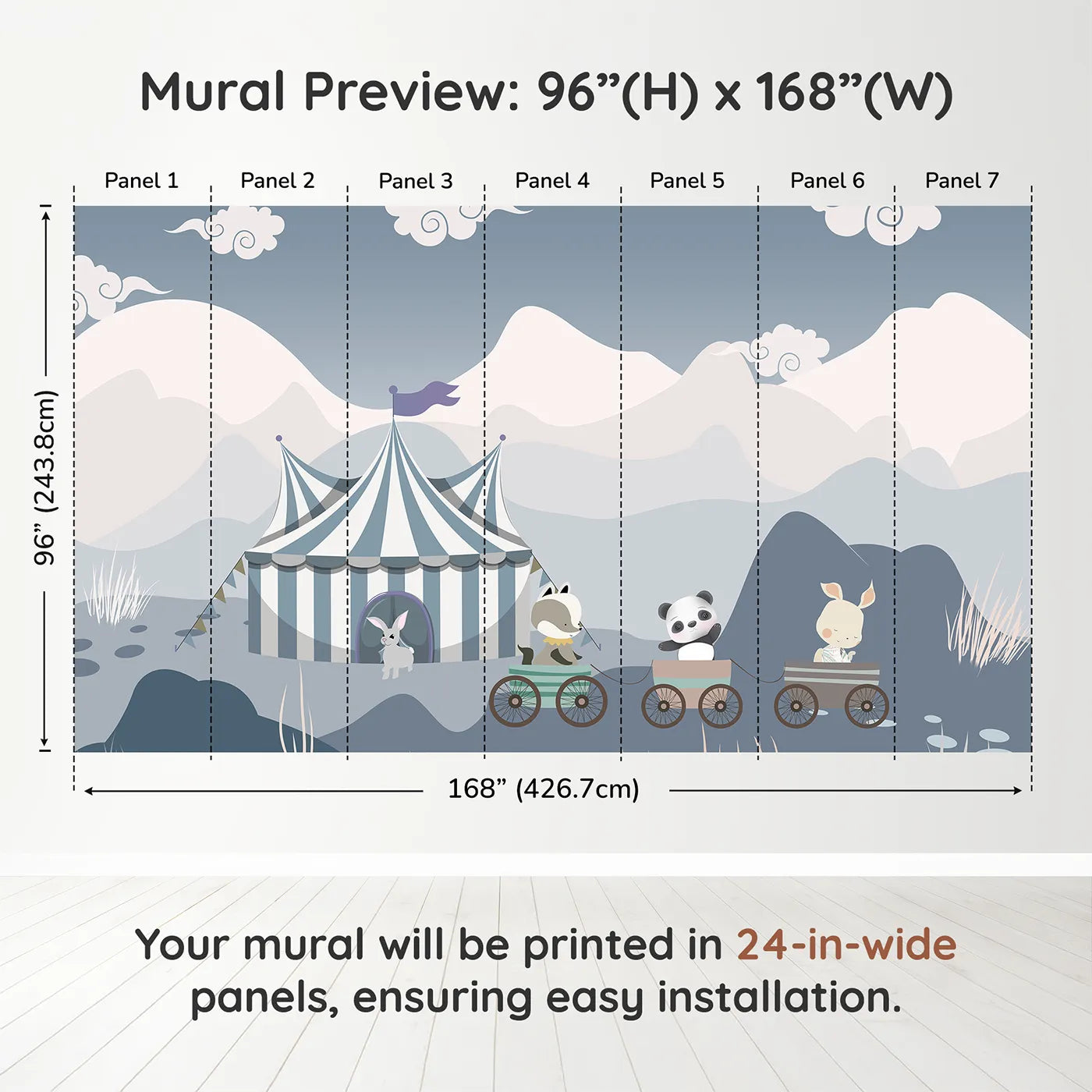 Whimsy Tots Circus Train Wall Muraldimension view (96" H x 168" W). Printed in seven 24-inch-wide panels. Gender-Neutral