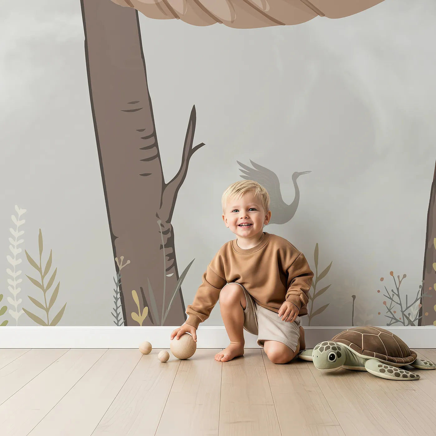Child in front of Whimsy Tots Woodland Hammock Party Wall Mural with animal, forest, hammock, cute, misty, gray, woodland, tiger in design.