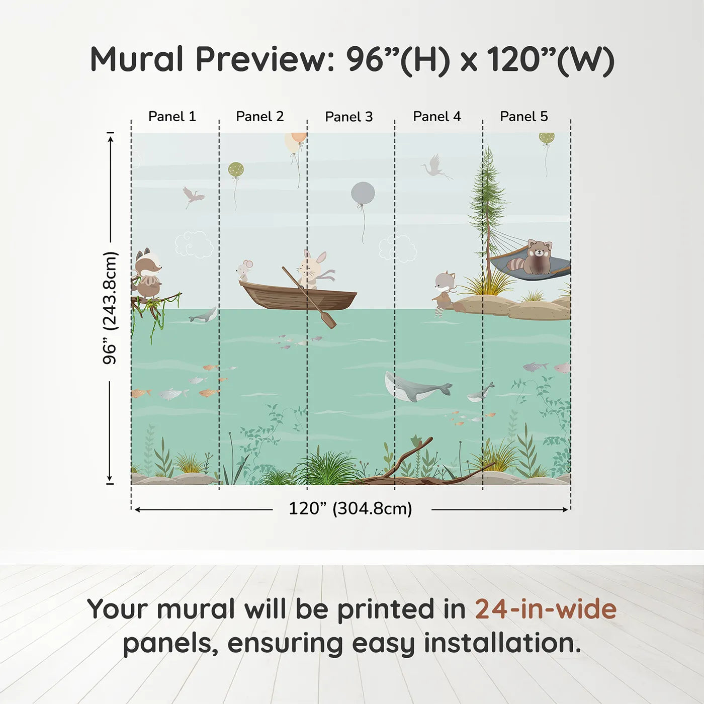 Whimsy Tots Woodland River Adventure Wall Muraldimension view (96" H x 120" W). Printed in five 24-inch-wide panels. Gender-Neutral