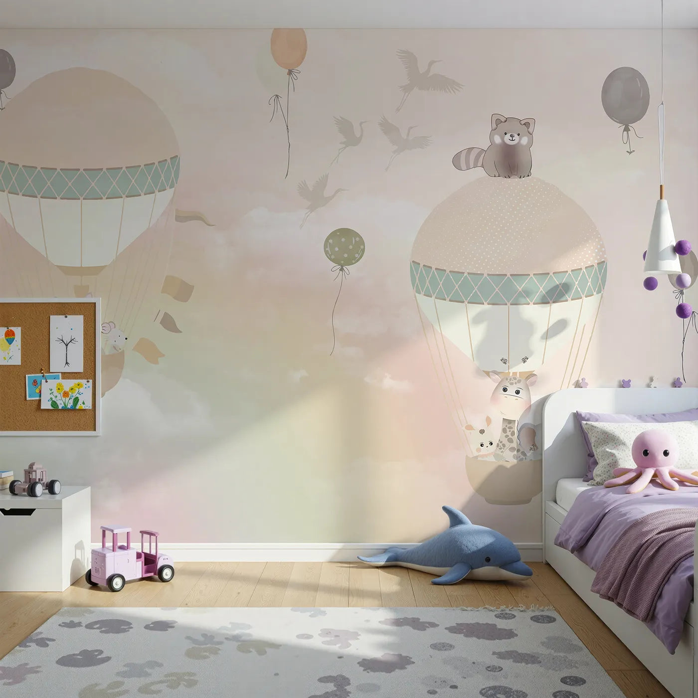 Front view of Whimsy Tots' Pastel Sky Balloon Adventure Wall Mural