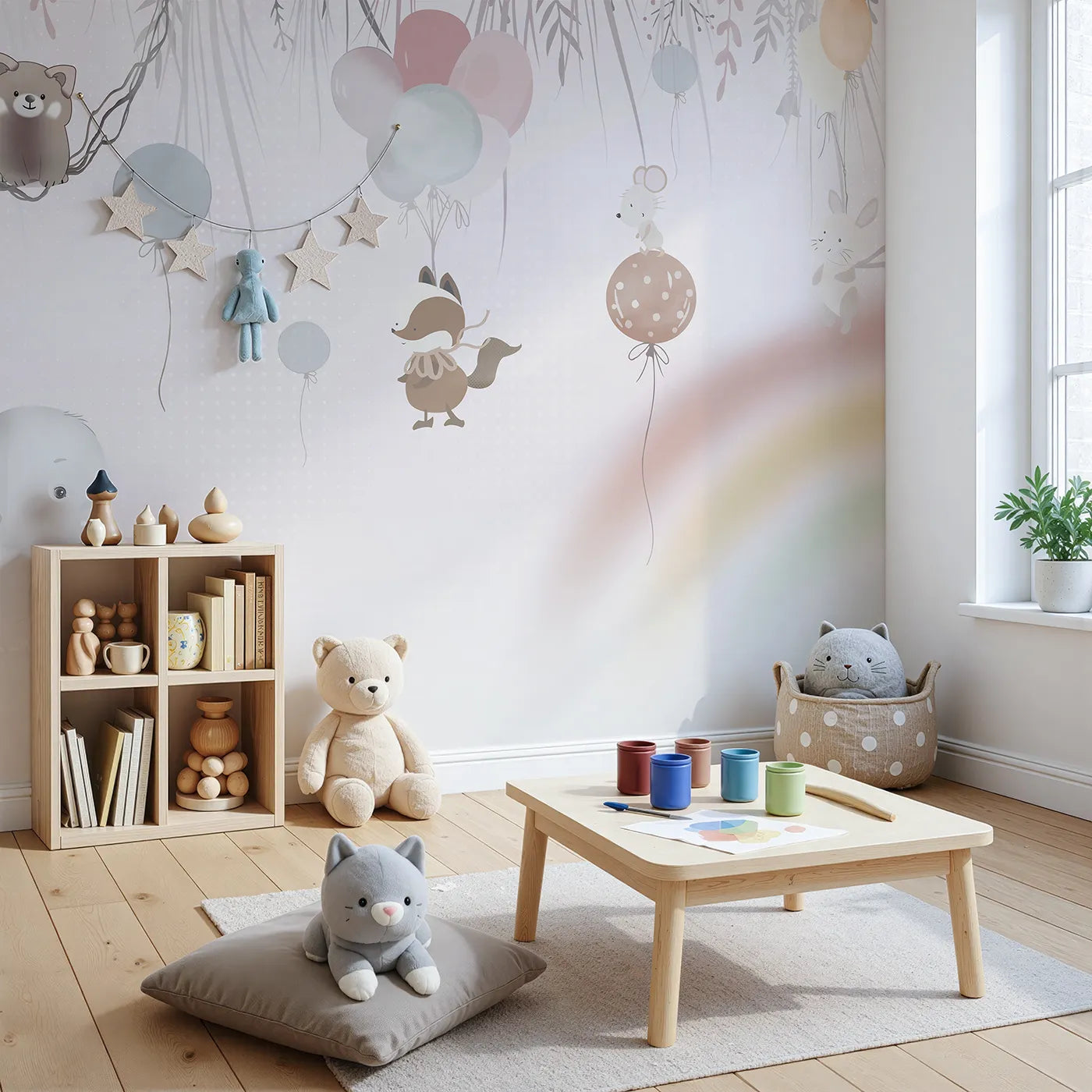 Angled view of Whimsy Tots' Animal Balloon Party Wall Mural in Pink (Turn Their Room into a Floating, Whimsical Dream).Gender-Neutral