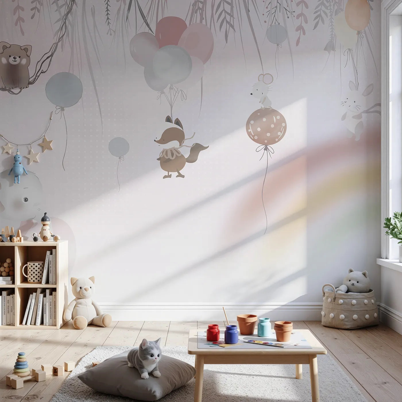 Front view of Whimsy Tots' Animal Balloon Party Wall Mural in Pink
