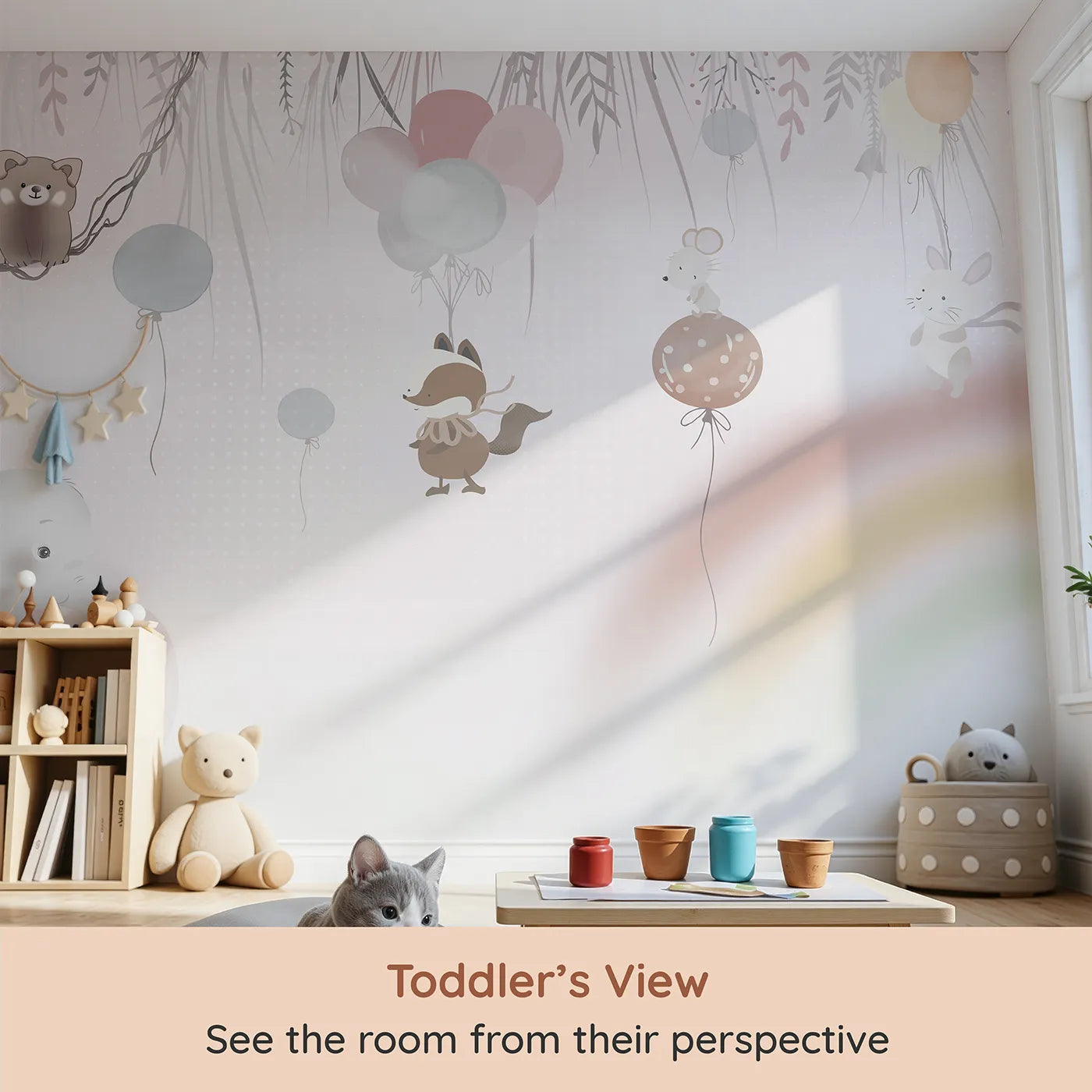 Whimsy Tots Animal Balloon Party Wall Mural in Pink (Turn Their Room into a Floating, Whimsical Dream) from your child's view.Gender-Neutral