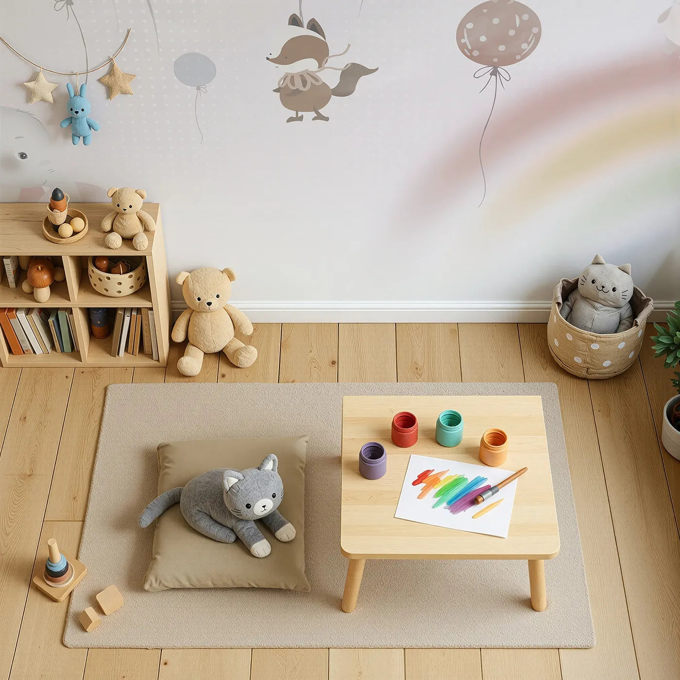 Top-down view of Whimsy Tots' Animal Balloon Party Wall Mural in Pink (Turn Their Room into a Floating, Whimsical Dream).Gender-Neutral