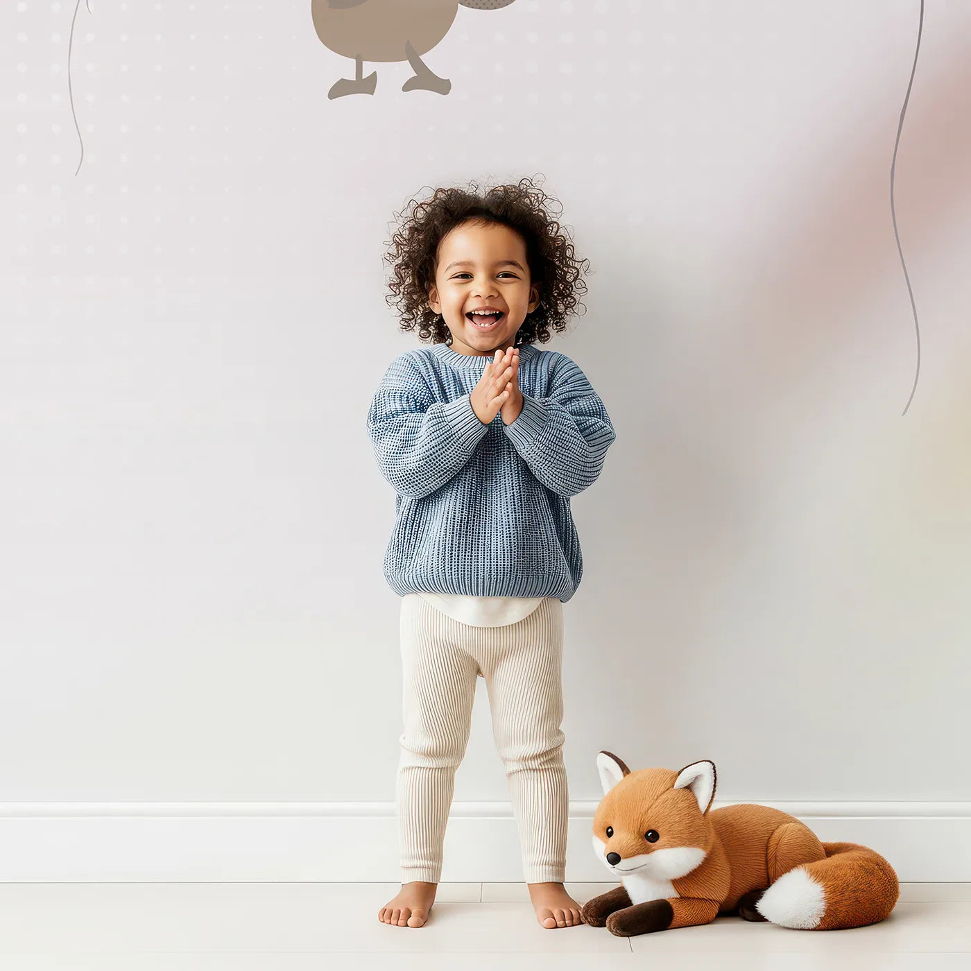 Child in front of Whimsy Tots Animal Balloon Party Wall Mural in Pink with animal, balloon, cute, pink, sky, whimsical, fox, elephant in design.