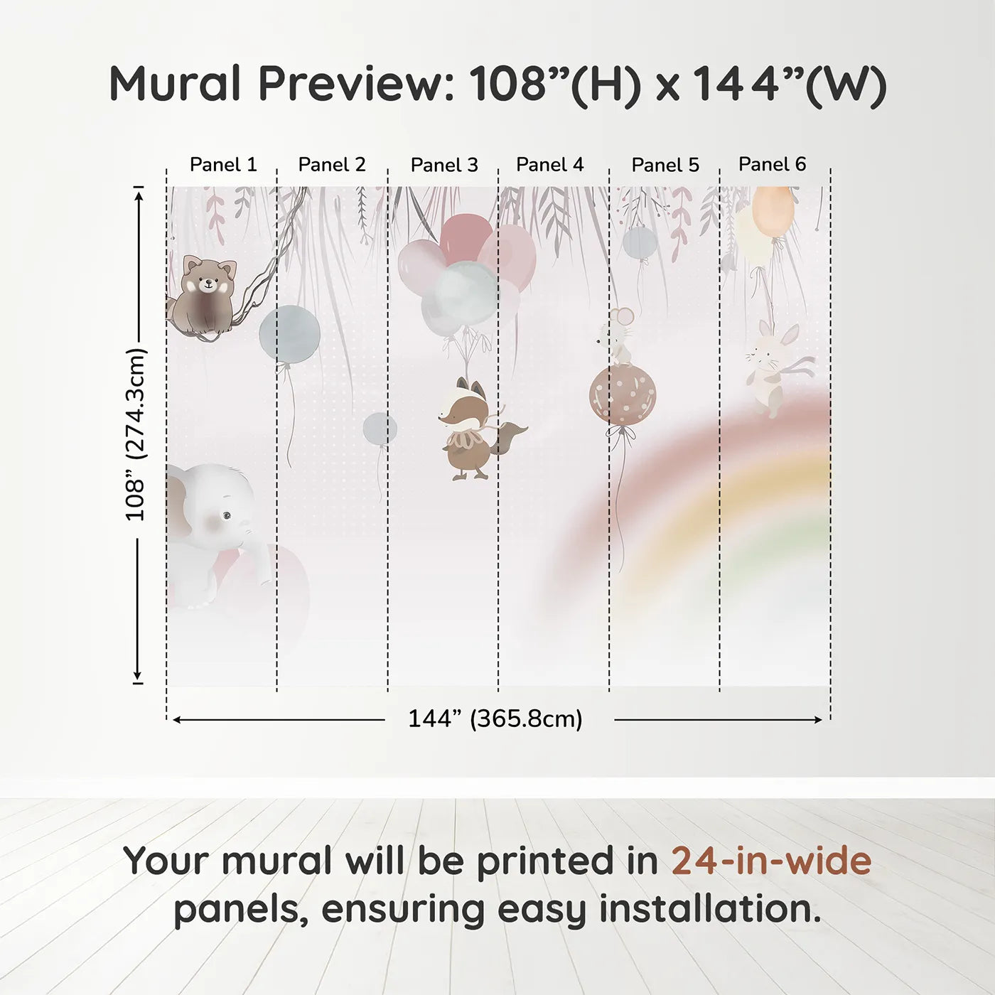 Whimsy Tots Animal Balloon Party Wall Mural in Pinkdimension view (108" H x 144" W). Printed in six 24-inch-wide panels. Gender-Neutral