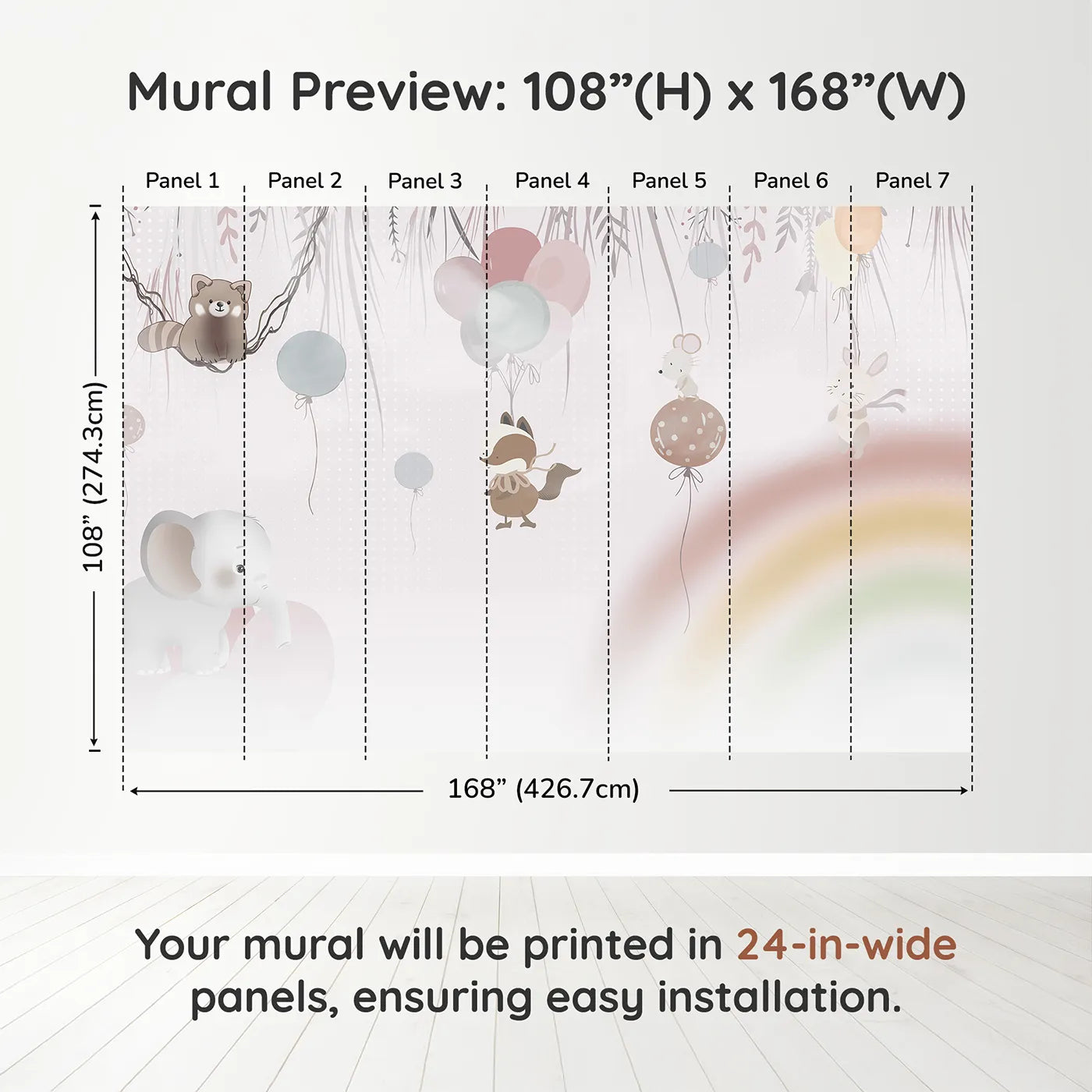 Whimsy Tots Animal Balloon Party Wall Mural in Pinkdimension view (108" H x 168" W). Printed in seven 24-inch-wide panels. Gender-Neutral