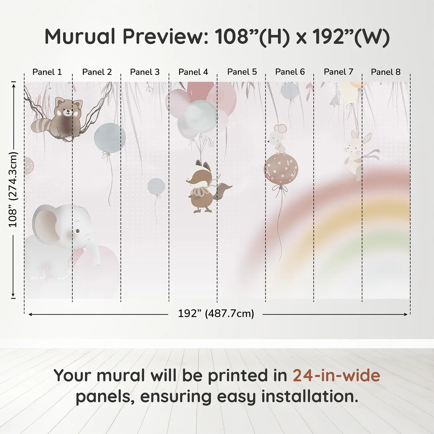 Whimsy Tots Animal Balloon Party Wall Mural in Pinkdimension view (108" H x 192" W). Printed in eight 24-inch-wide panels. Gender-Neutral