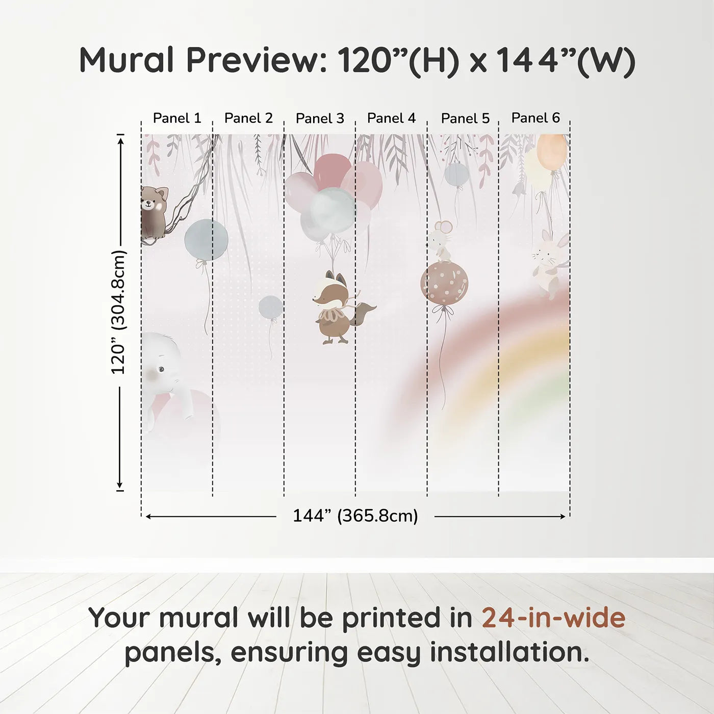 Whimsy Tots Animal Balloon Party Wall Mural in Pinkdimension view (120" H x 144" W). Printed in six 24-inch-wide panels. Gender-Neutral