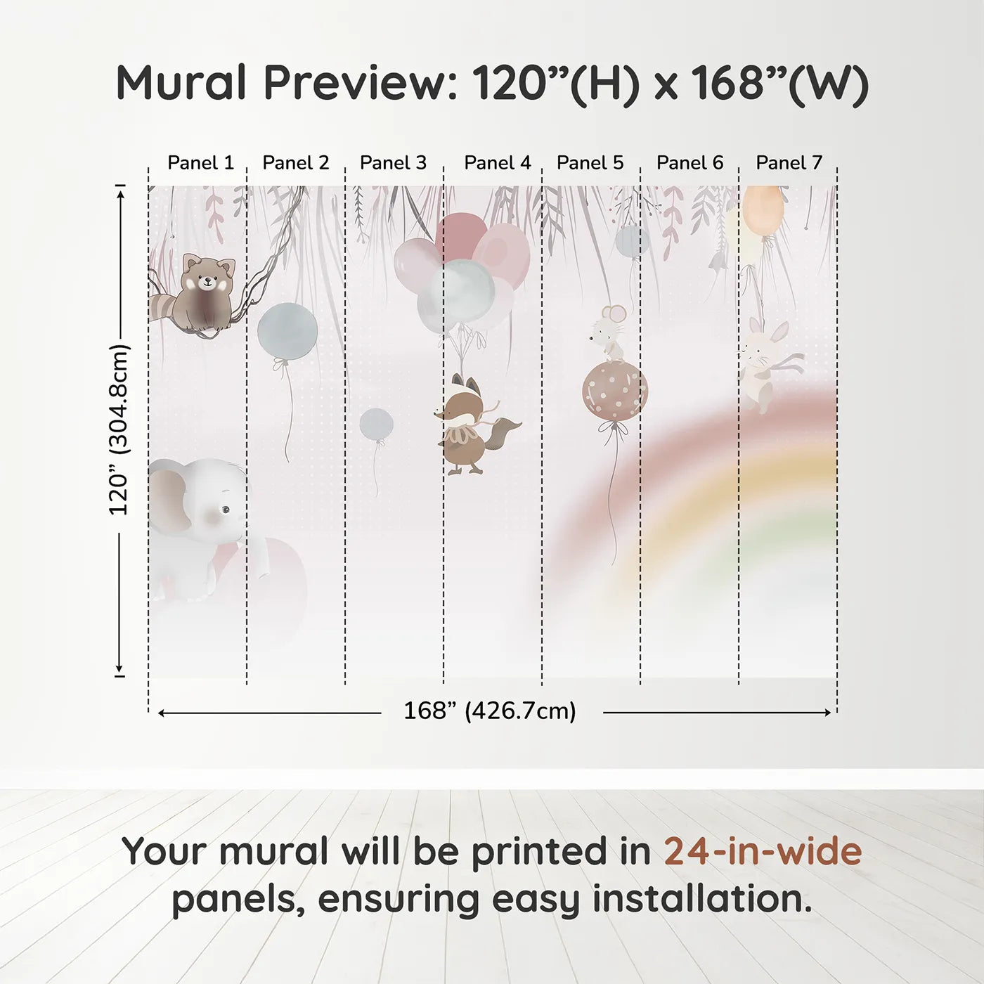 Whimsy Tots Animal Balloon Party Wall Mural in Pinkdimension view (120" H x 168" W). Printed in seven 24-inch-wide panels. Gender-Neutral