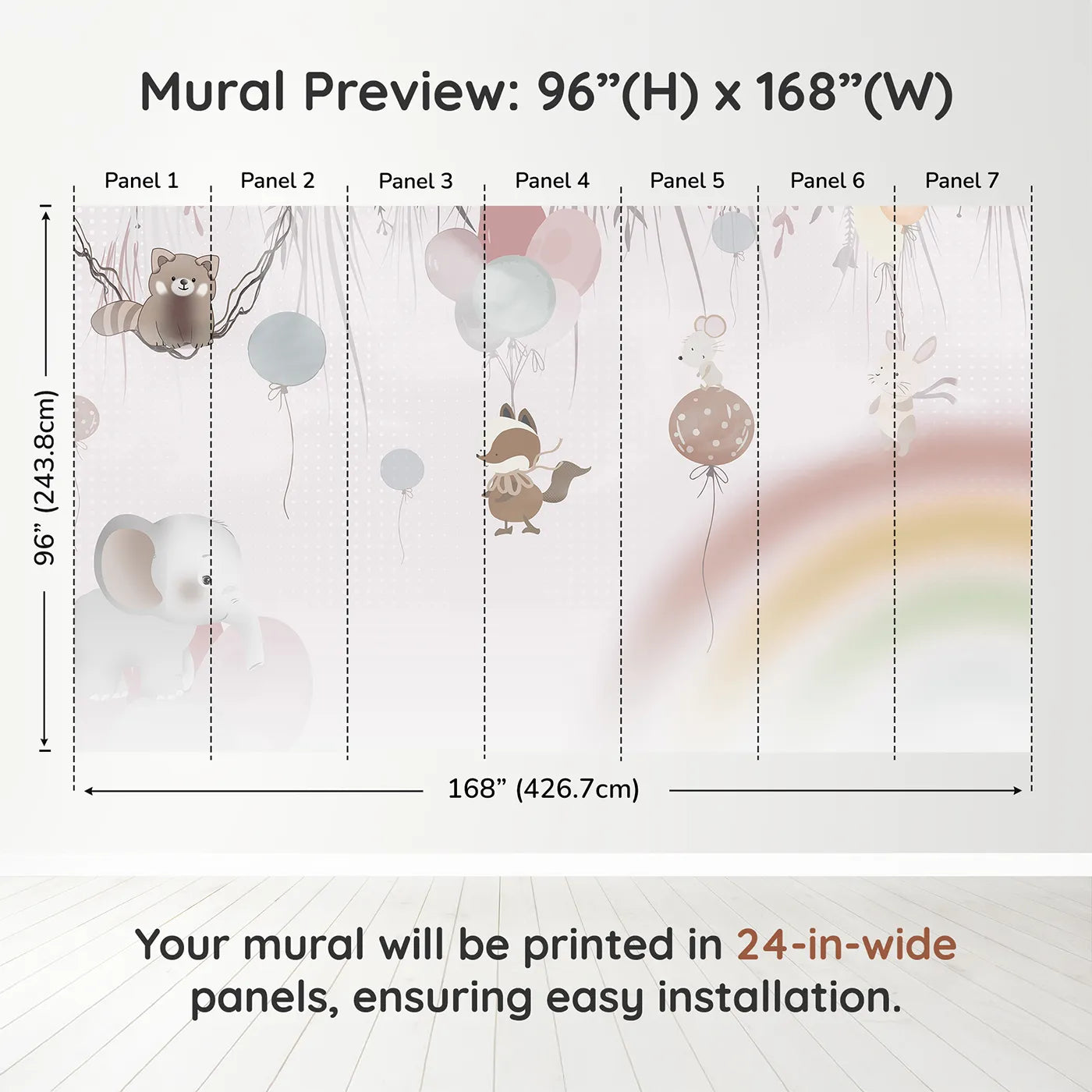 Whimsy Tots Animal Balloon Party Wall Mural in Pinkdimension view (96" H x 168" W). Printed in seven 24-inch-wide panels. Gender-Neutral