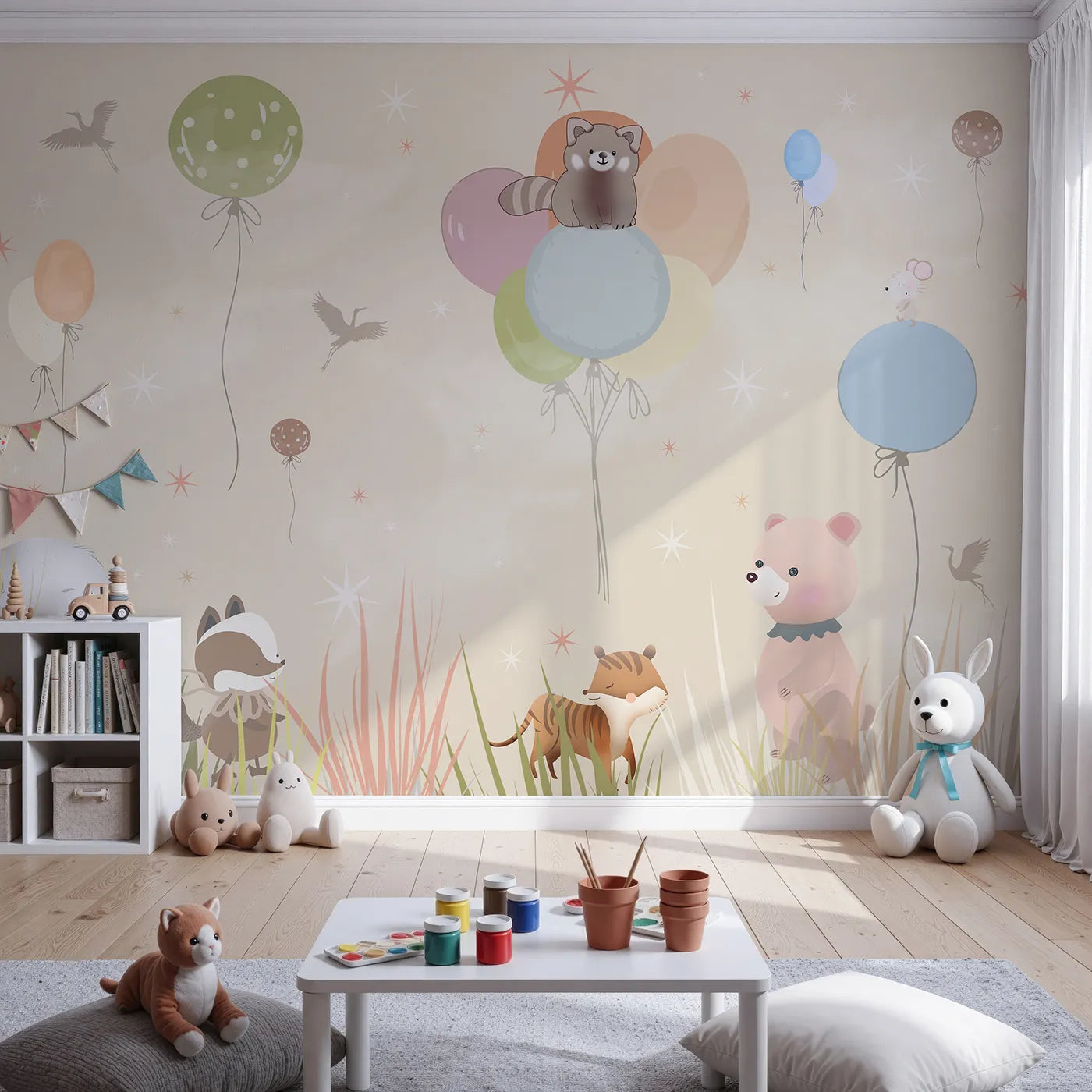 Front view of Whimsy Tots' Animal Balloon Meadow Wall Mural