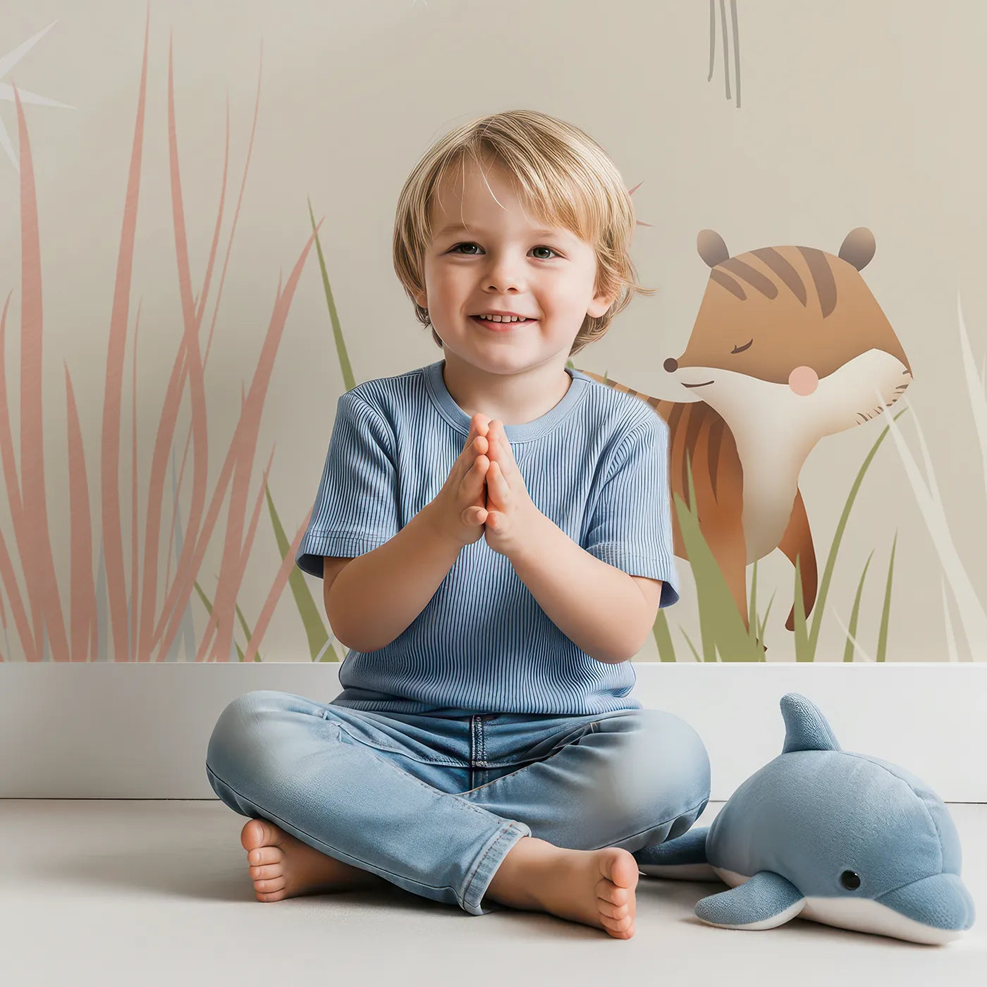 Child in front of Whimsy Tots Animal Balloon Meadow Wall Mural with animal, balloon, cute, meadow, whimsical, bear, fox, elephant in design.