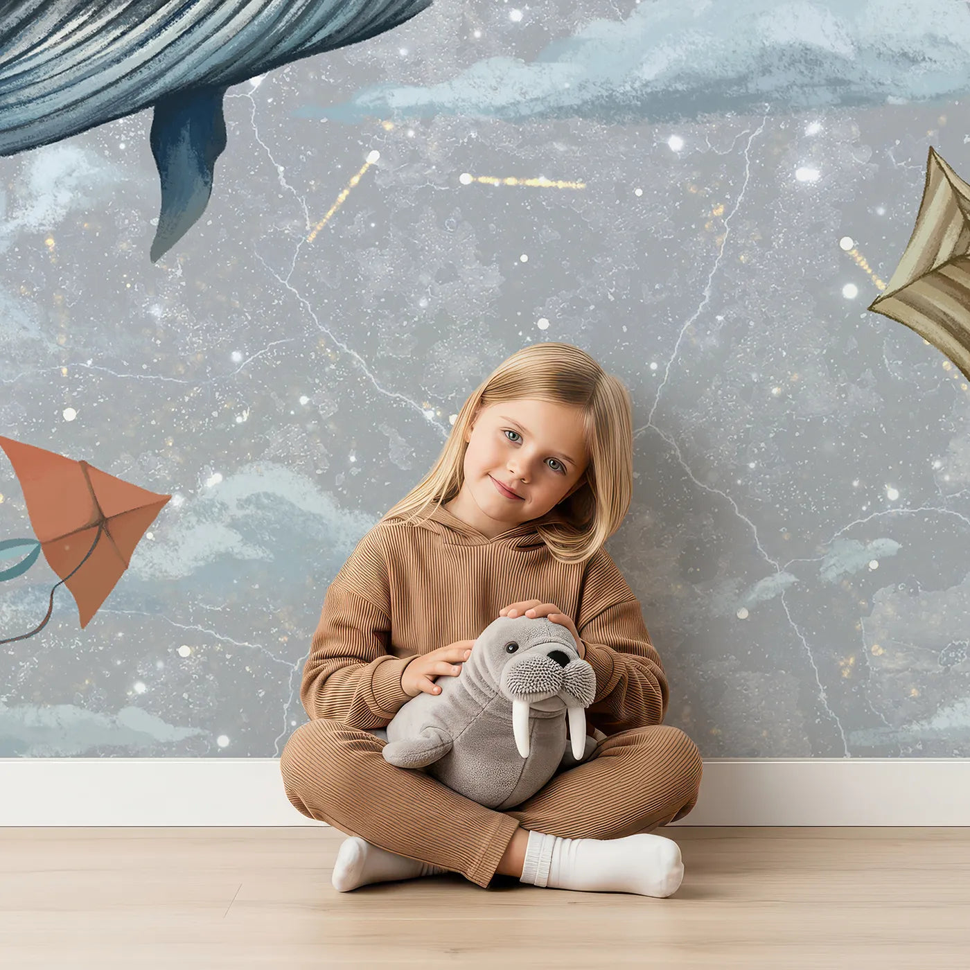 Child in front of Whimsy Tots Flying Whales Sky Festival Wall Mural with whale, flying, fantasy, surreal, sky, cloud, balloon, ship in design.