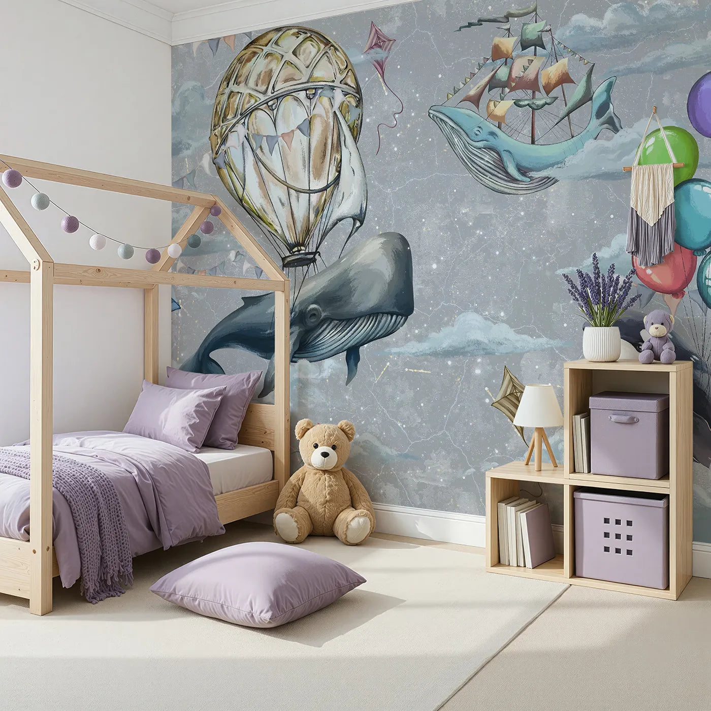 Angled view of Whimsy Tots' Flying Whales Sky Festival Wall Mural (Turn Their Room into a Surreal and Magical Dreamscape).Gender-Neutral