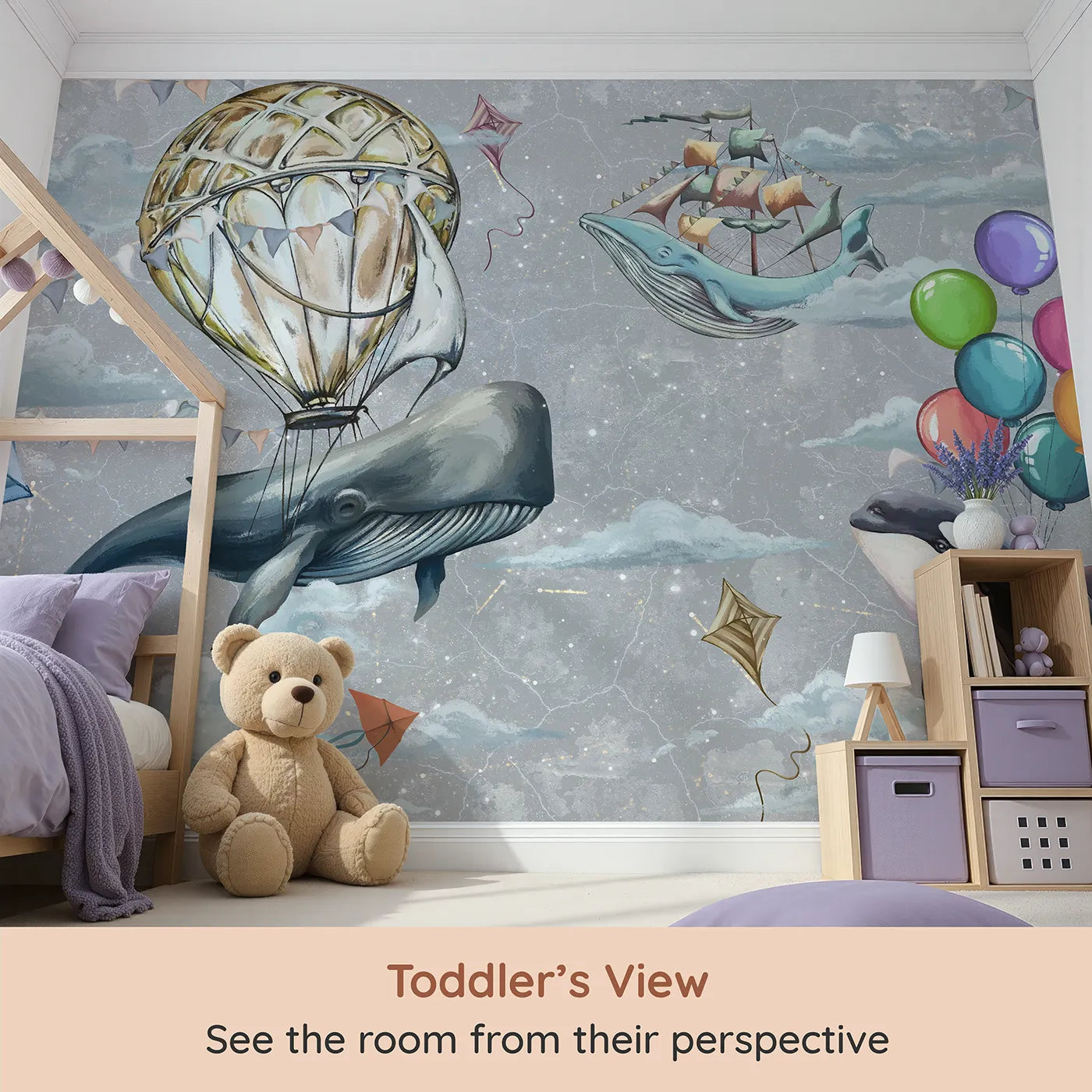 Whimsy Tots Flying Whales Sky Festival Wall Mural (Turn Their Room into a Surreal and Magical Dreamscape) from your child's view.Gender-Neutral