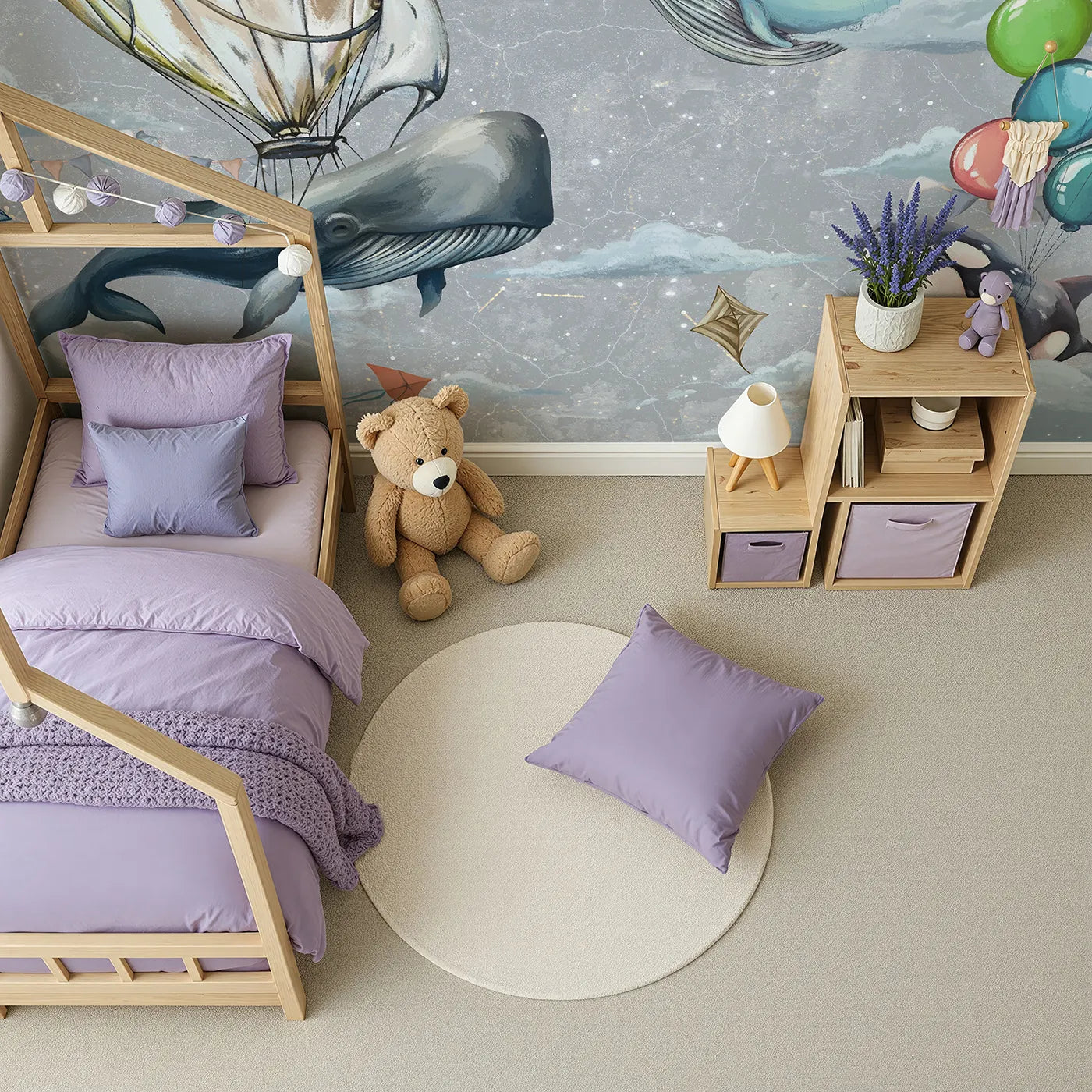 Top-down view of Whimsy Tots' Flying Whales Sky Festival Wall Mural (Turn Their Room into a Surreal and Magical Dreamscape).Gender-Neutral