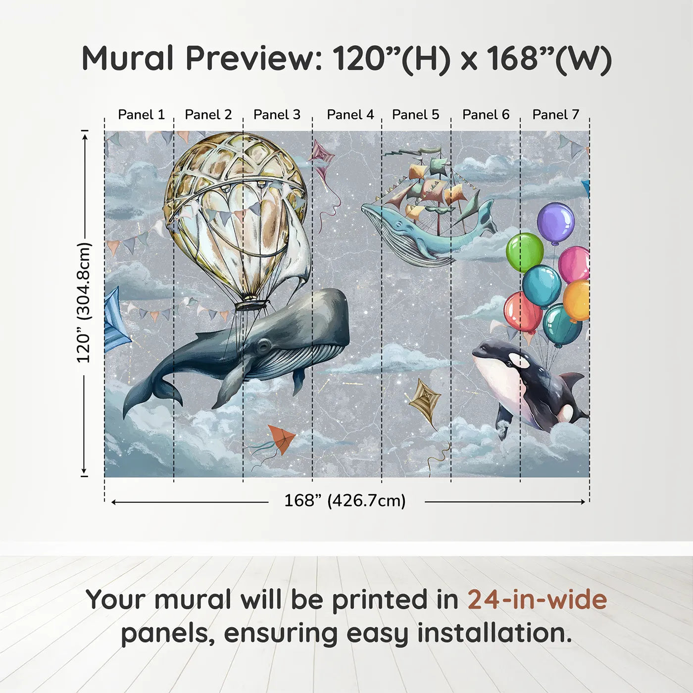 Whimsy Tots Flying Whales Sky Festival Wall Muraldimension view (120" H x 168" W). Printed in seven 24-inch-wide panels. Gender-Neutral