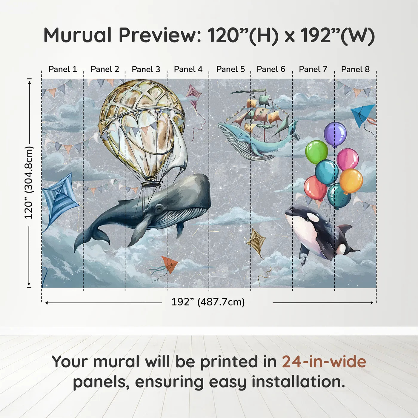 Whimsy Tots Flying Whales Sky Festival Wall Muraldimension view (120" H x 192" W). Printed in eight 24-inch-wide panels. Gender-Neutral