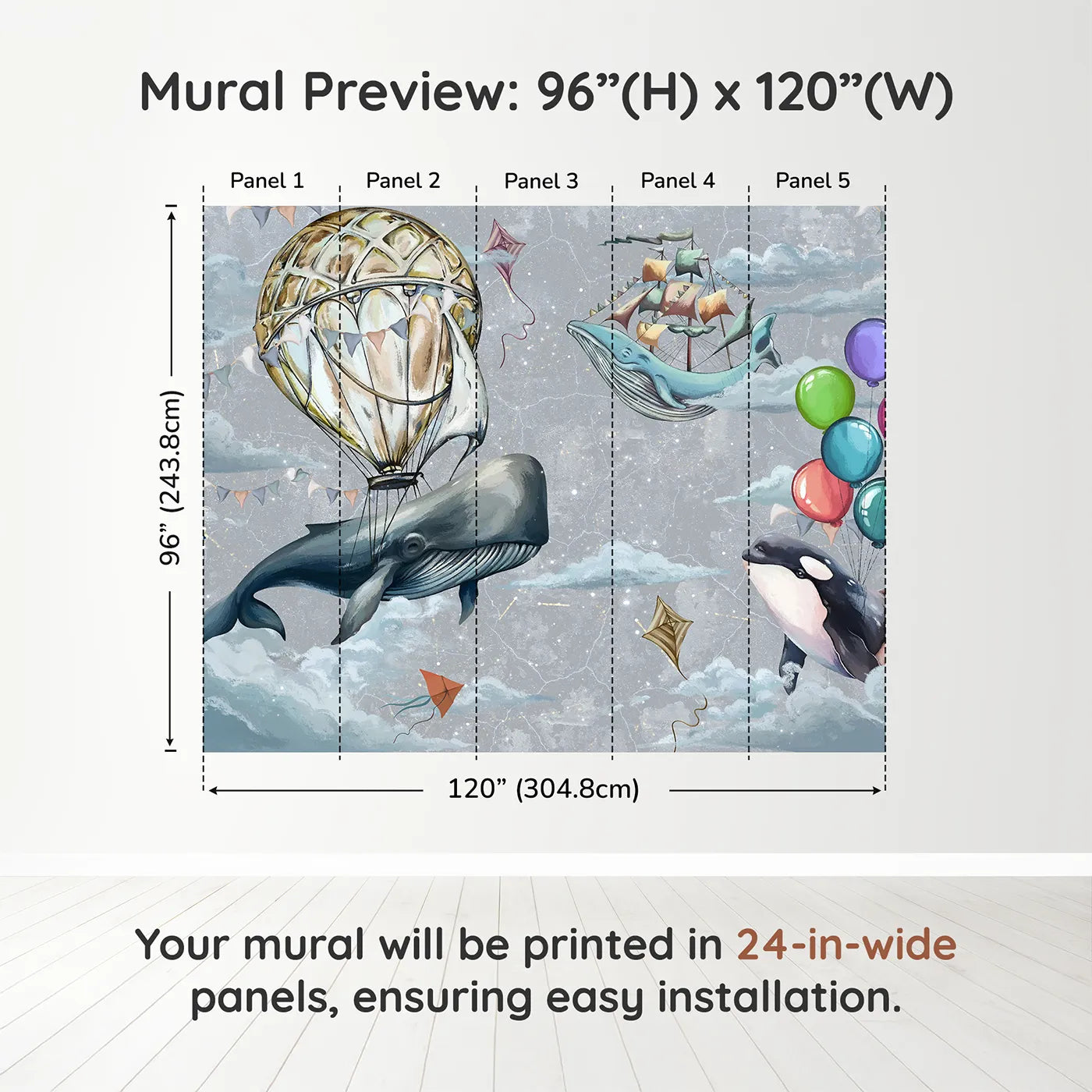 Whimsy Tots Flying Whales Sky Festival Wall Muraldimension view (96" H x 120" W). Printed in five 24-inch-wide panels. Gender-Neutral