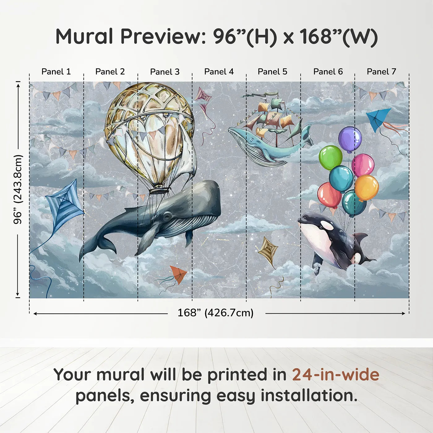 Whimsy Tots Flying Whales Sky Festival Wall Muraldimension view (96" H x 168" W). Printed in seven 24-inch-wide panels. Gender-Neutral