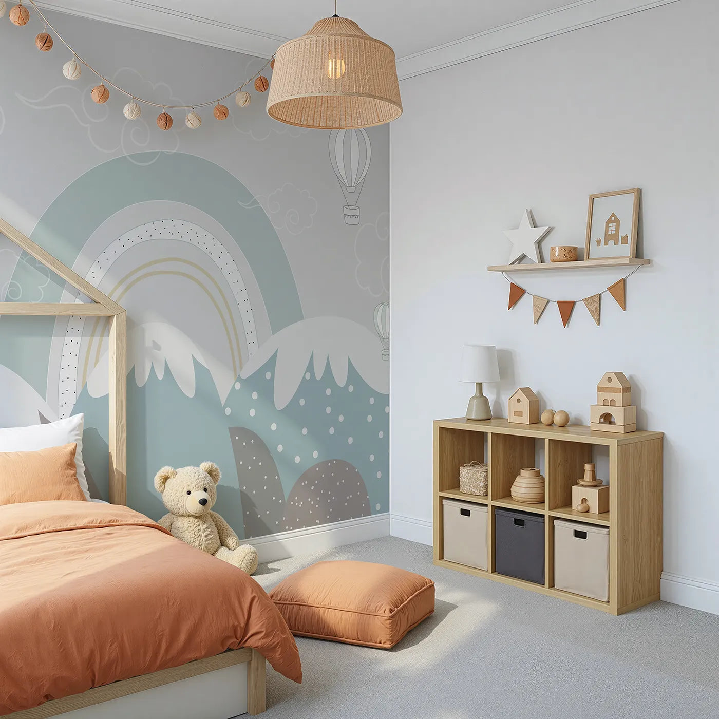 Angled view of Whimsy Tots' Boho Rainbow Mountains Wall Mural (Turn Their Room into a Calm and Gentle, Modern Landscape).Gender-Neutral