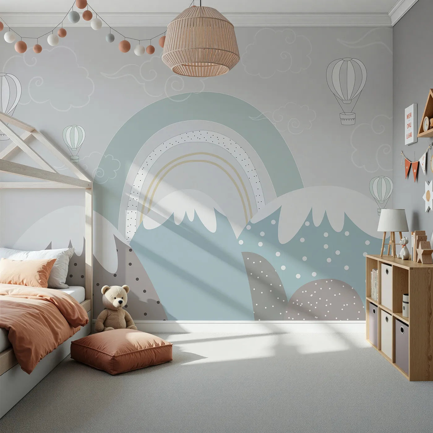 Front view of Whimsy Tots' Boho Rainbow Mountains Wall Mural